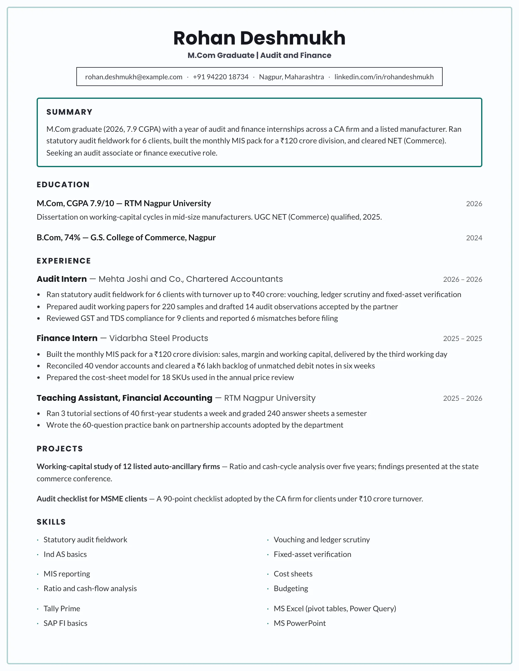 M.Com fresher resume sample