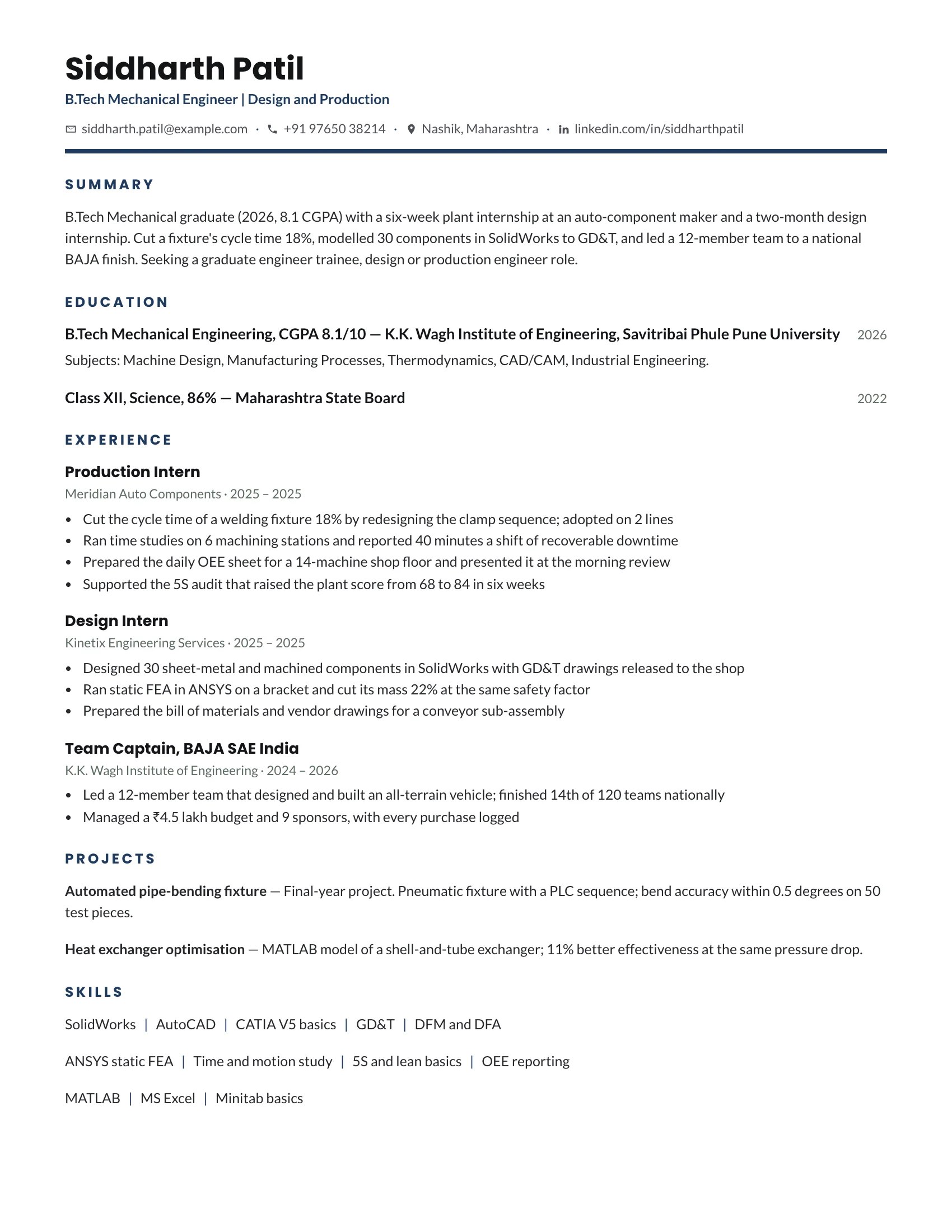 B.Tech Mechanical fresher resume sample