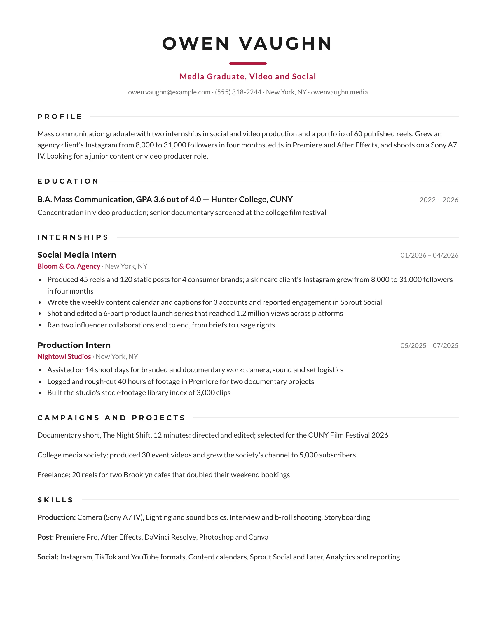 BJMC fresher resume sample