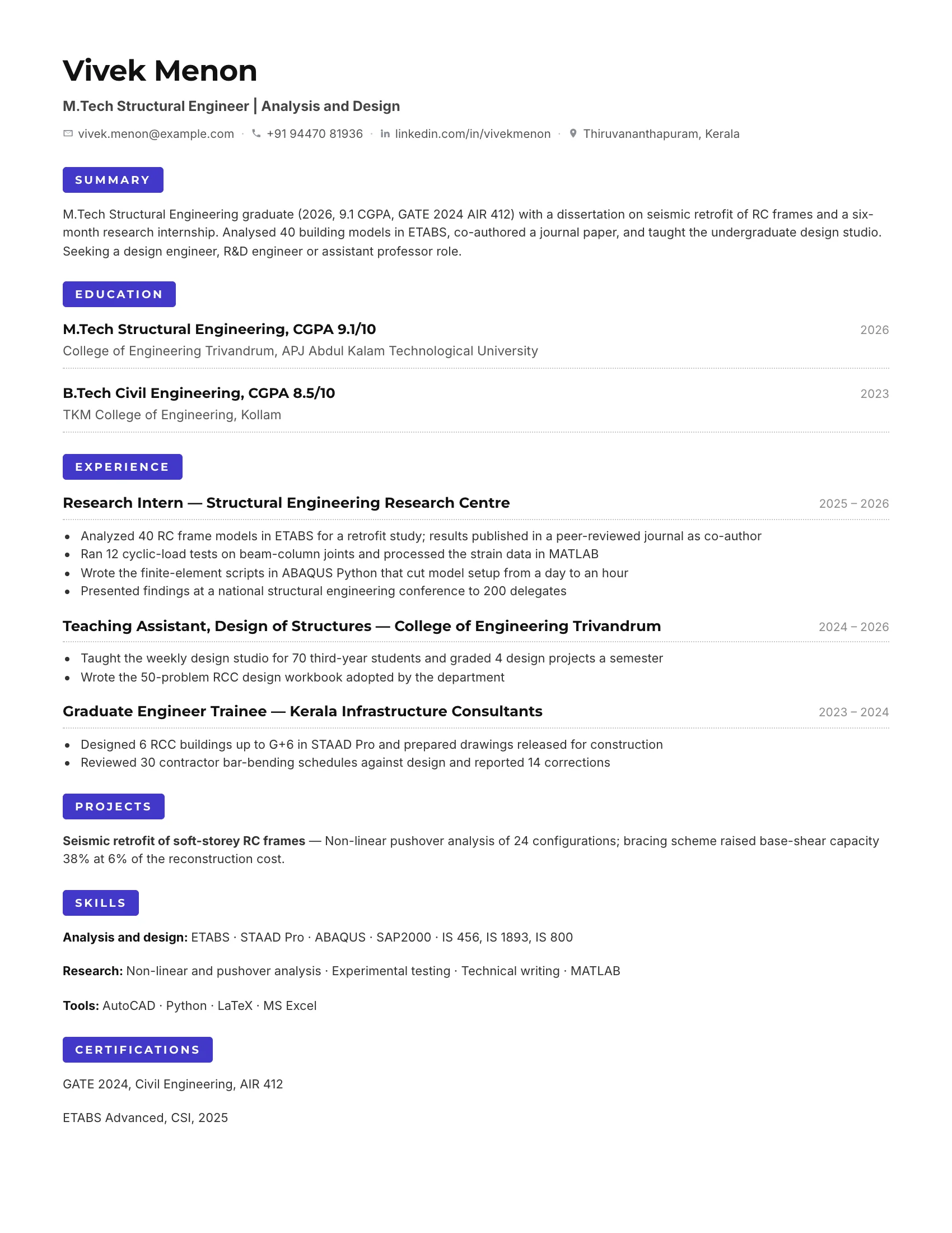 M.Tech fresher resume sample