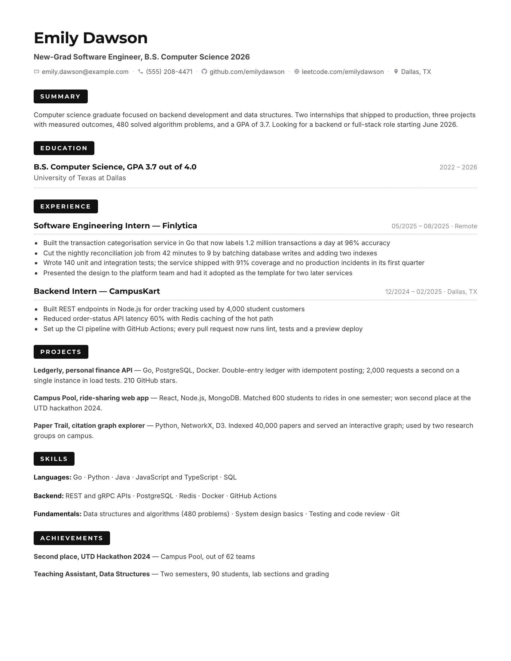 B.Tech CSE fresher resume sample