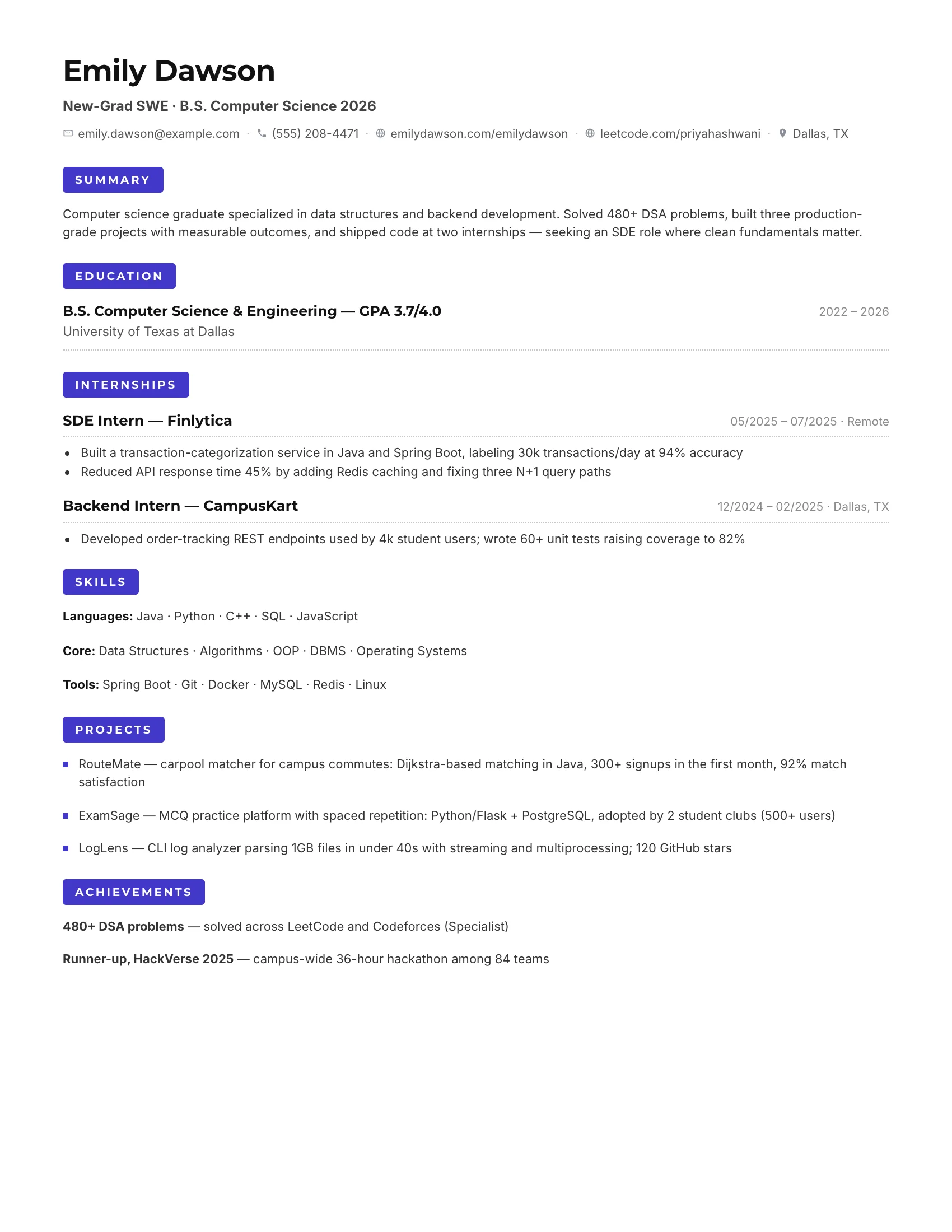 New Grad SWE · Ink (Indigo) resume template preview