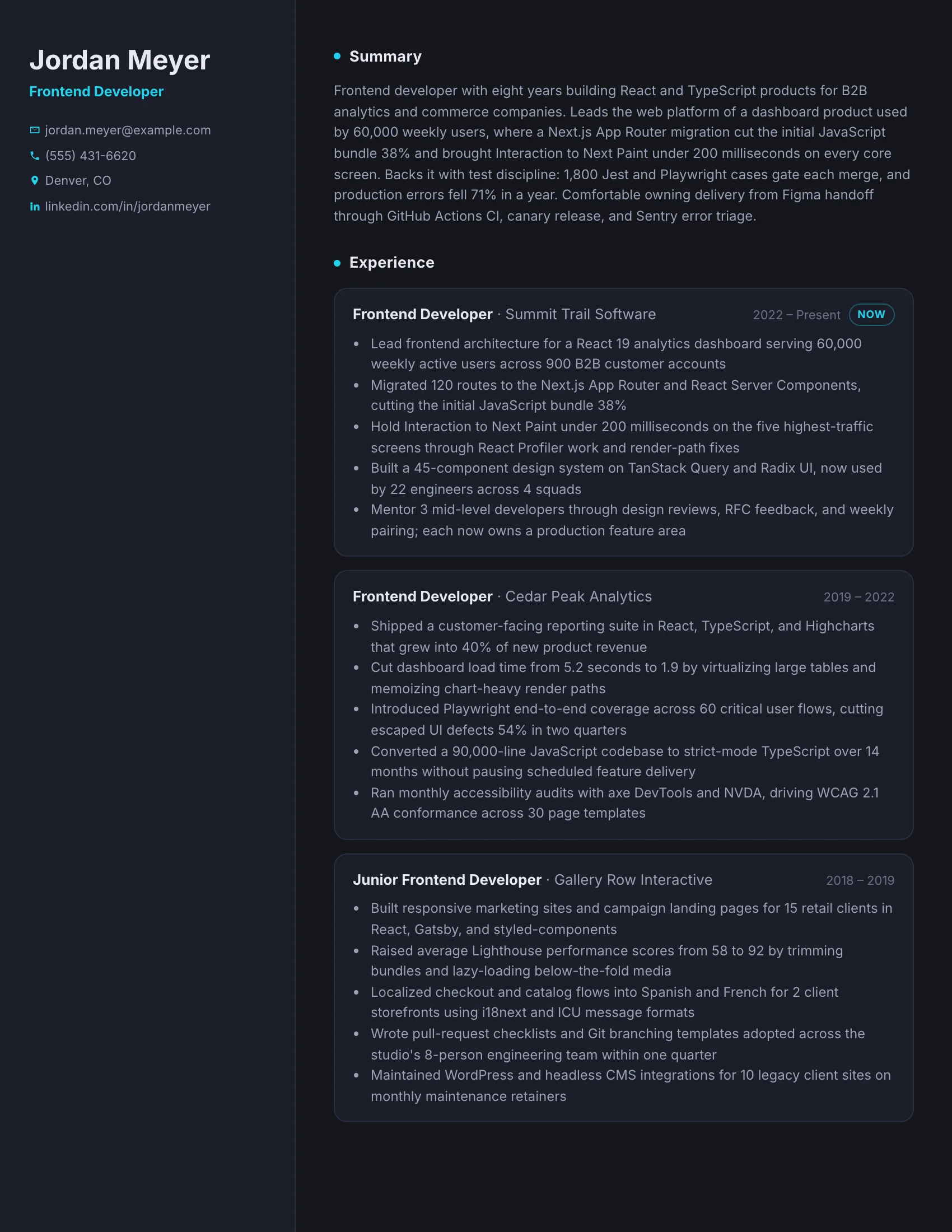 Frontend Developer · Midnight resume template preview