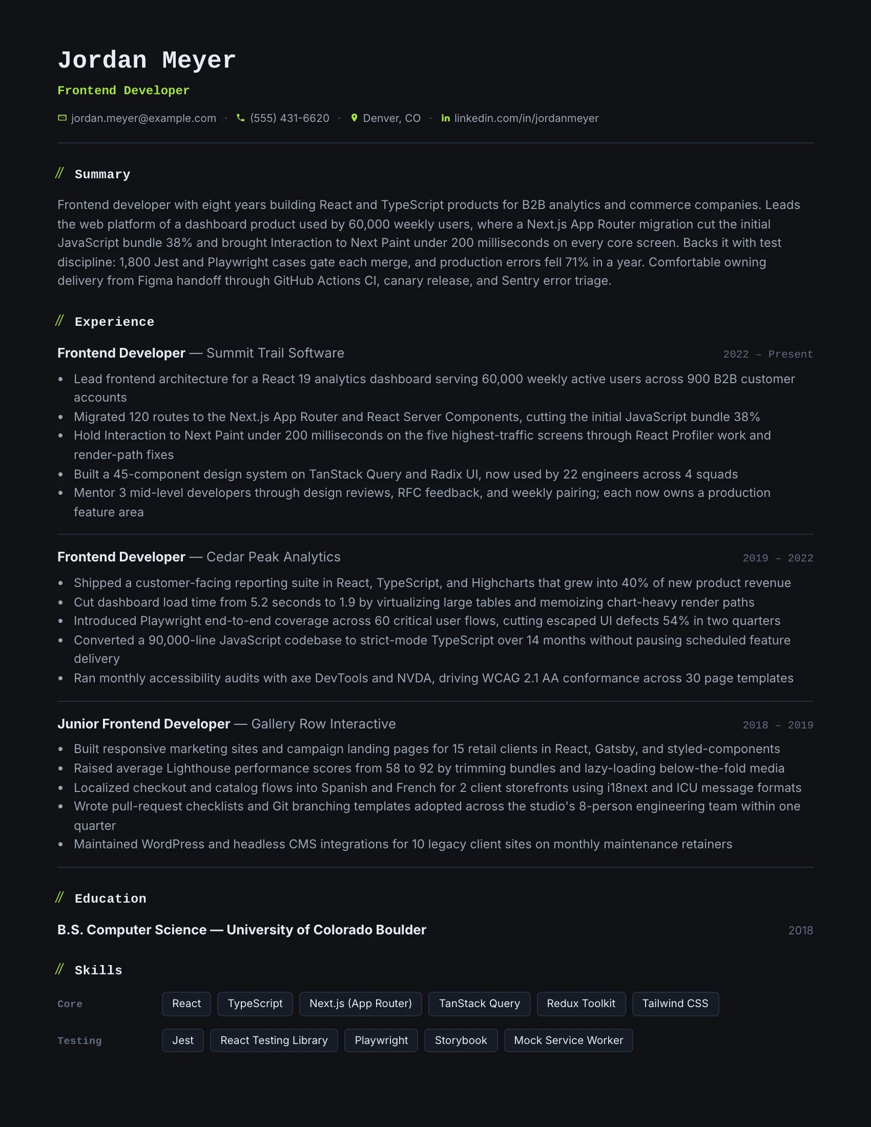 Frontend Developer · Terminal resume template preview