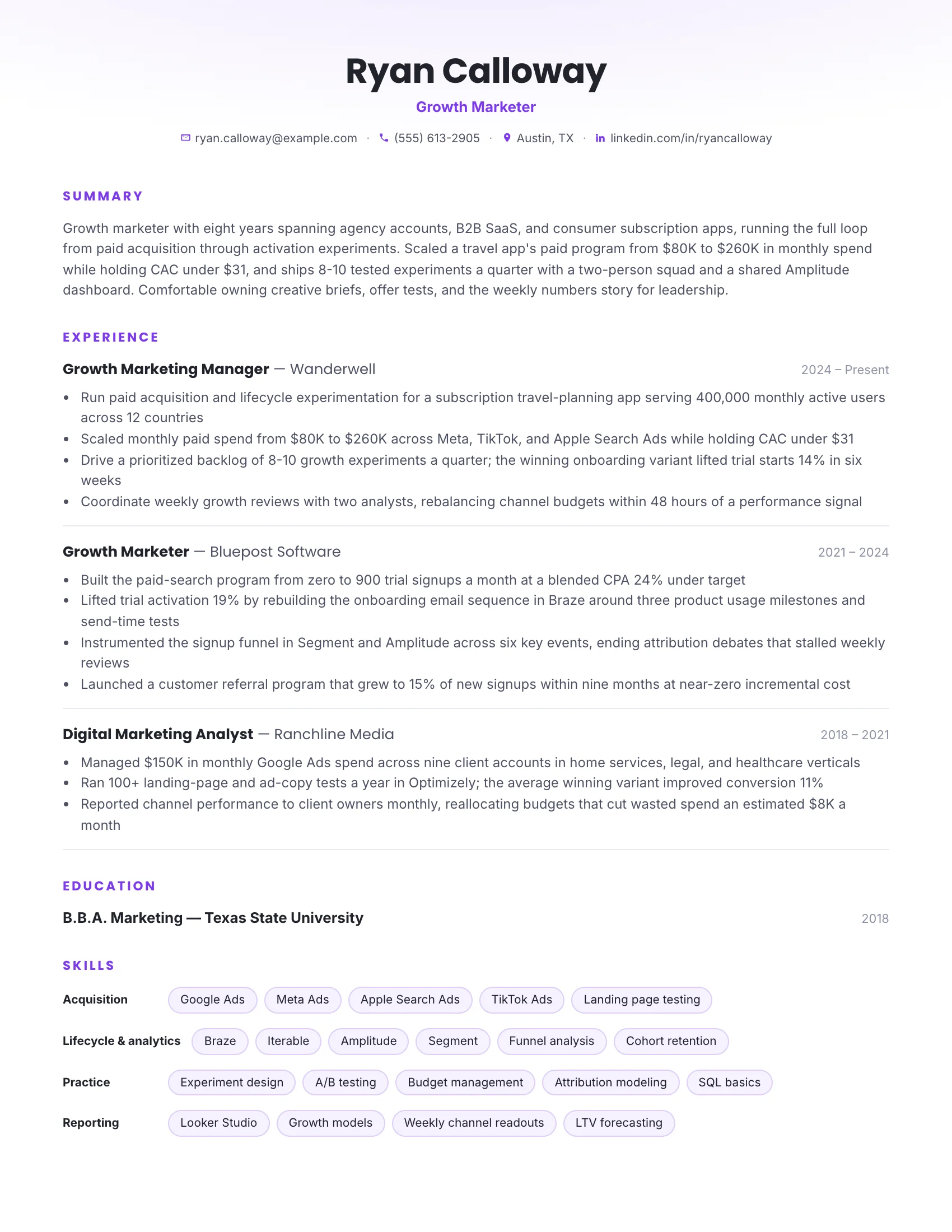 Growth Marketer · Arc resume template preview