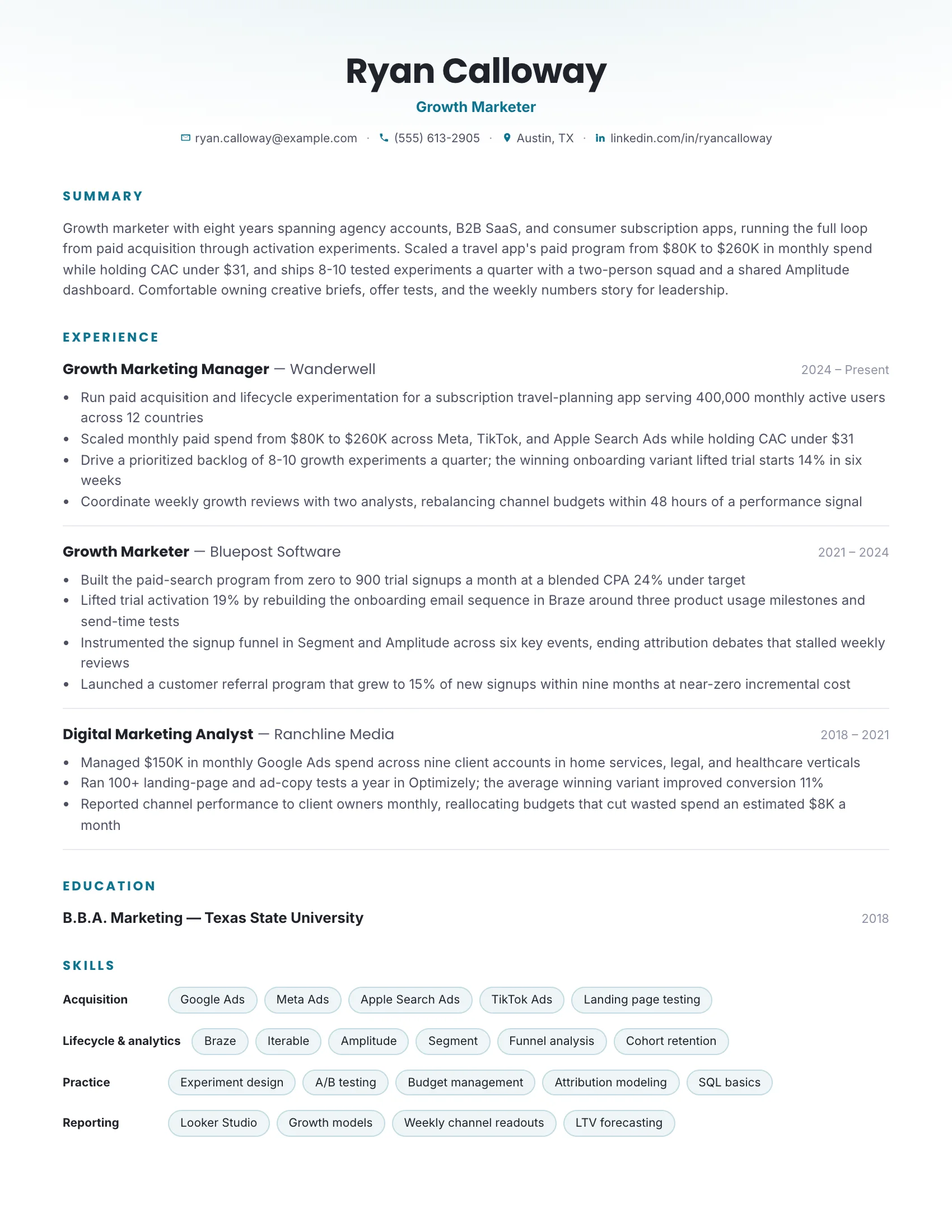 Growth Marketer · Arc (Teal) resume template preview