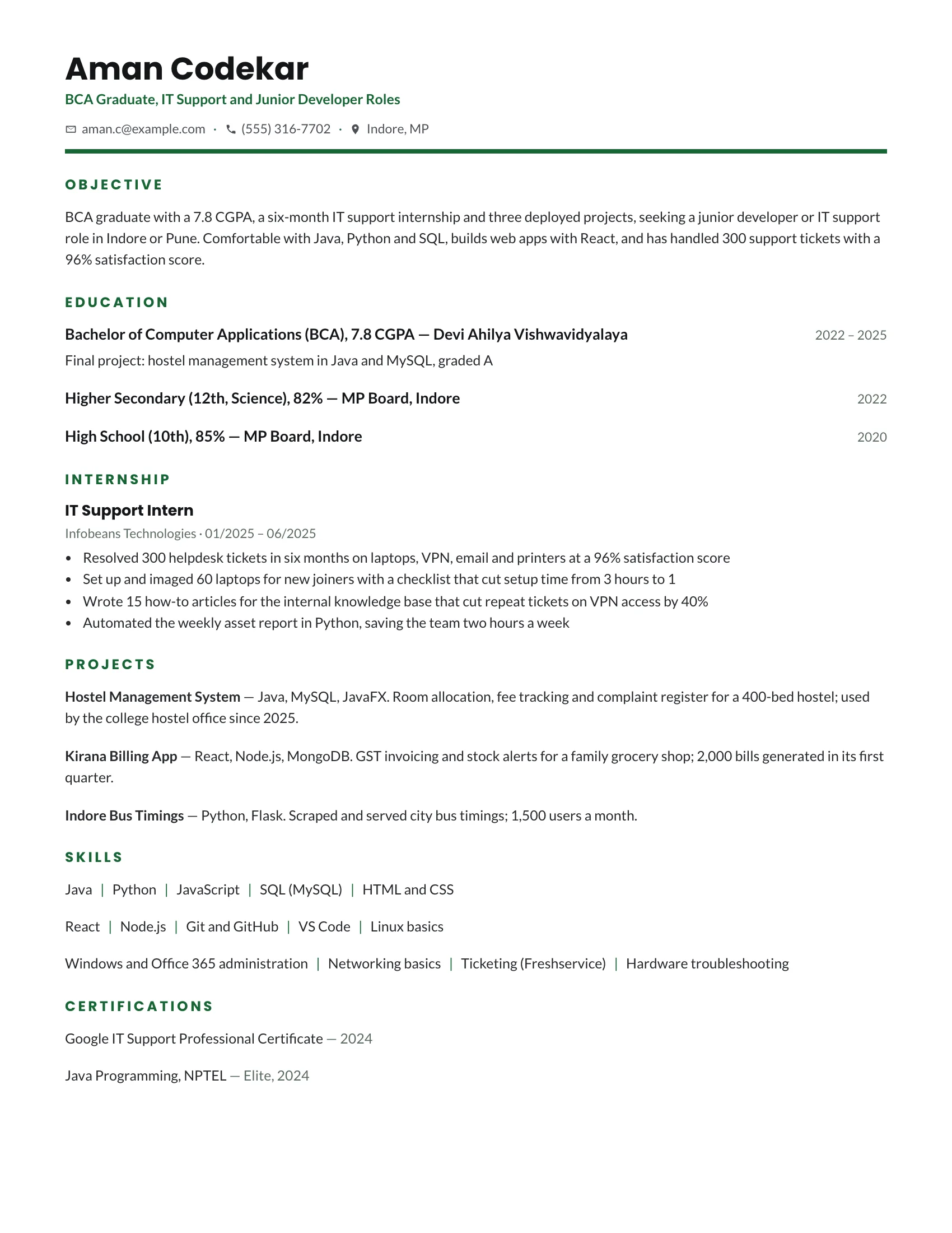 BCA fresher resume sample