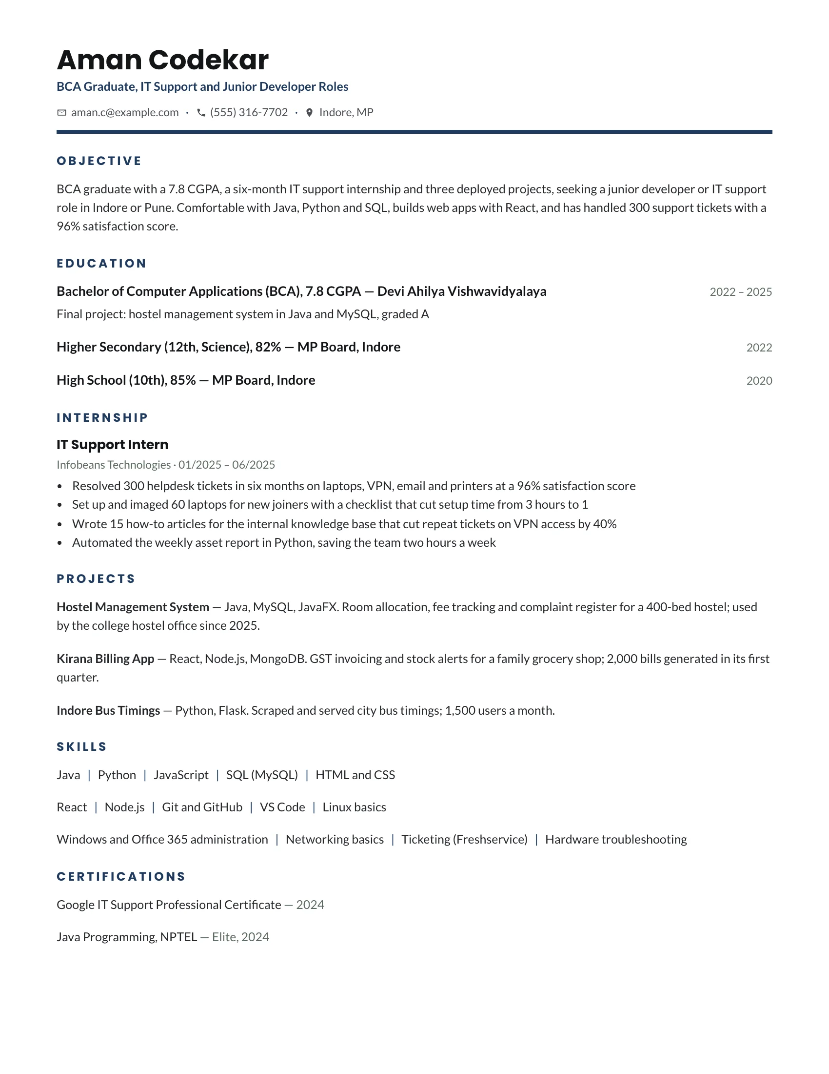 New Grad · Greenline (Navy) resume template preview