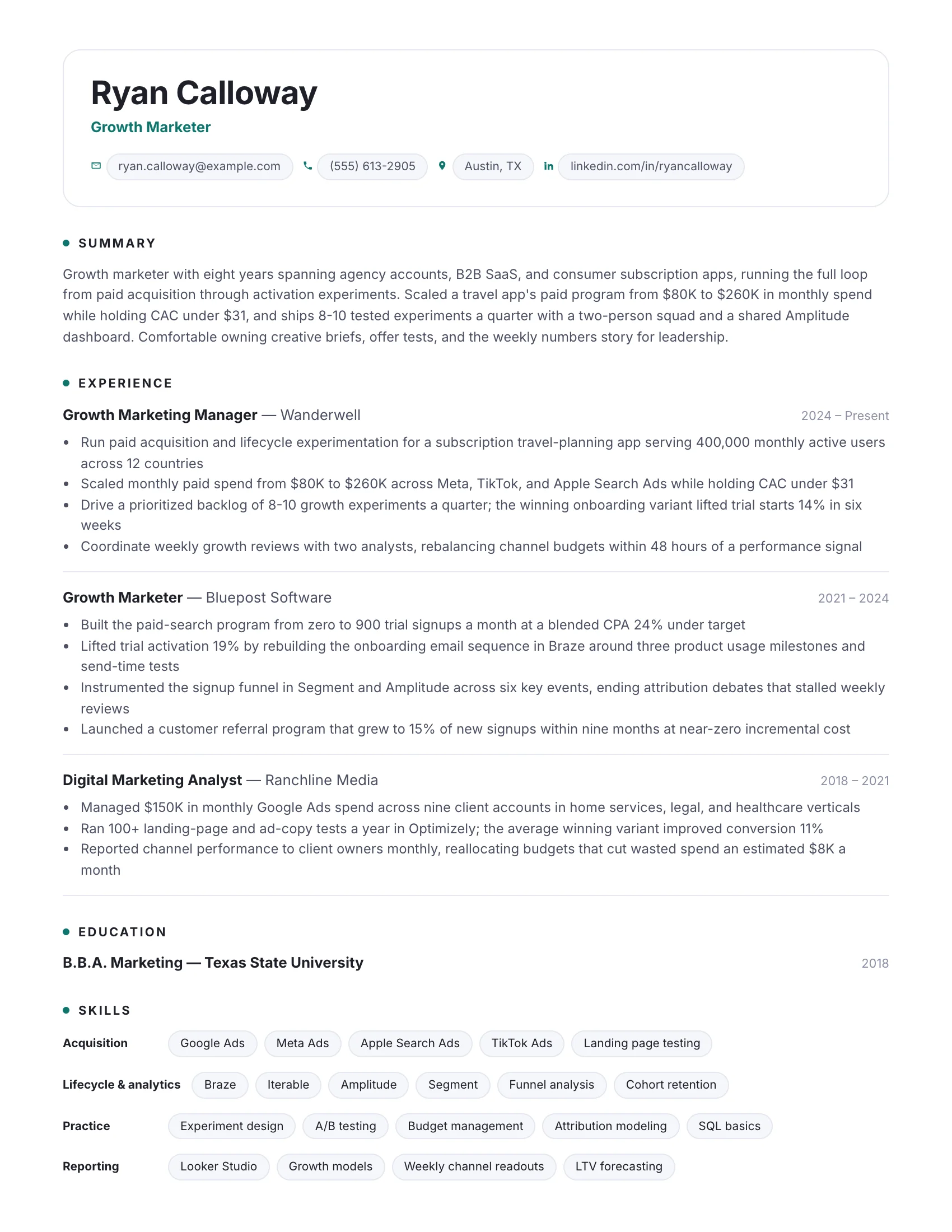 Growth Marketer · Linked resume template preview