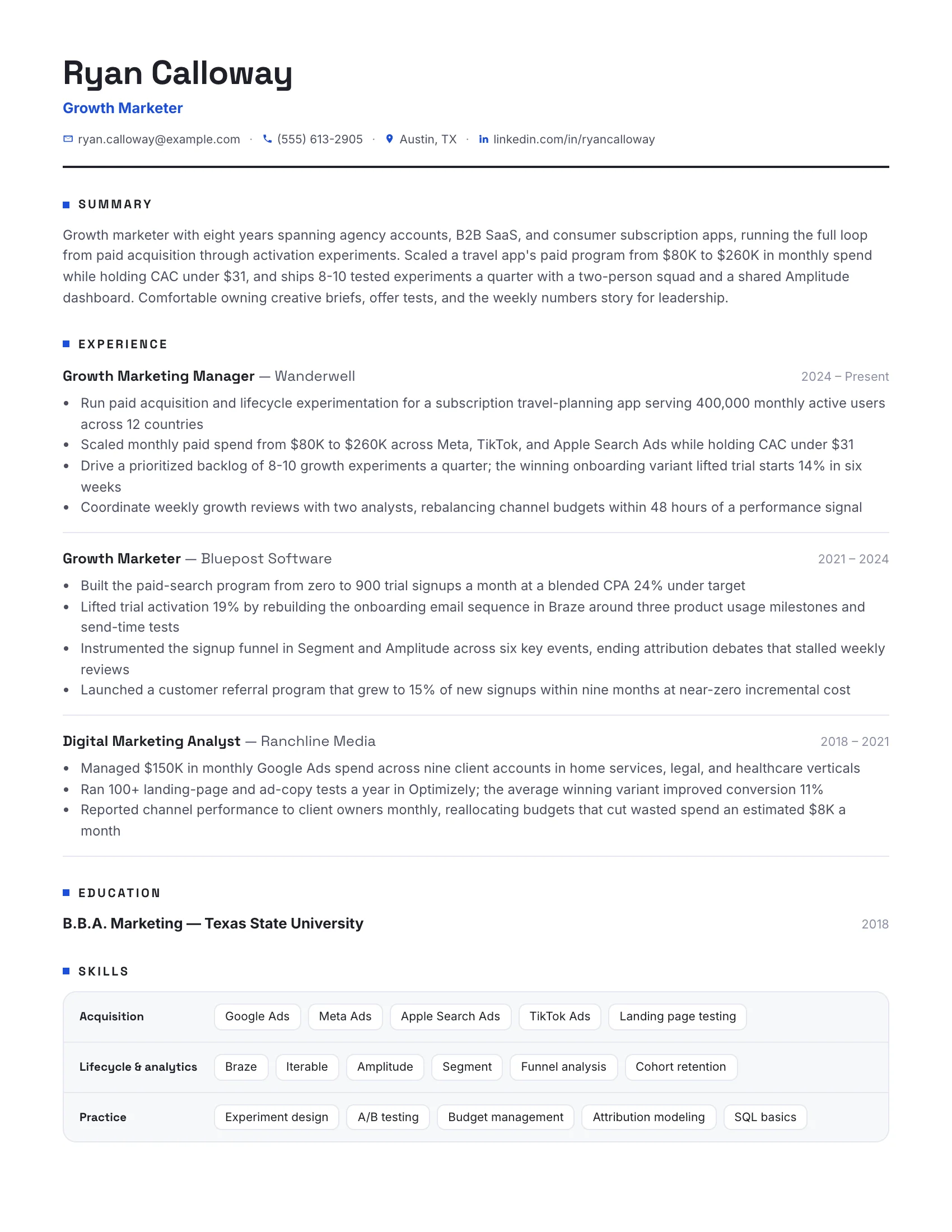 Growth Marketer · Matrix resume template preview
