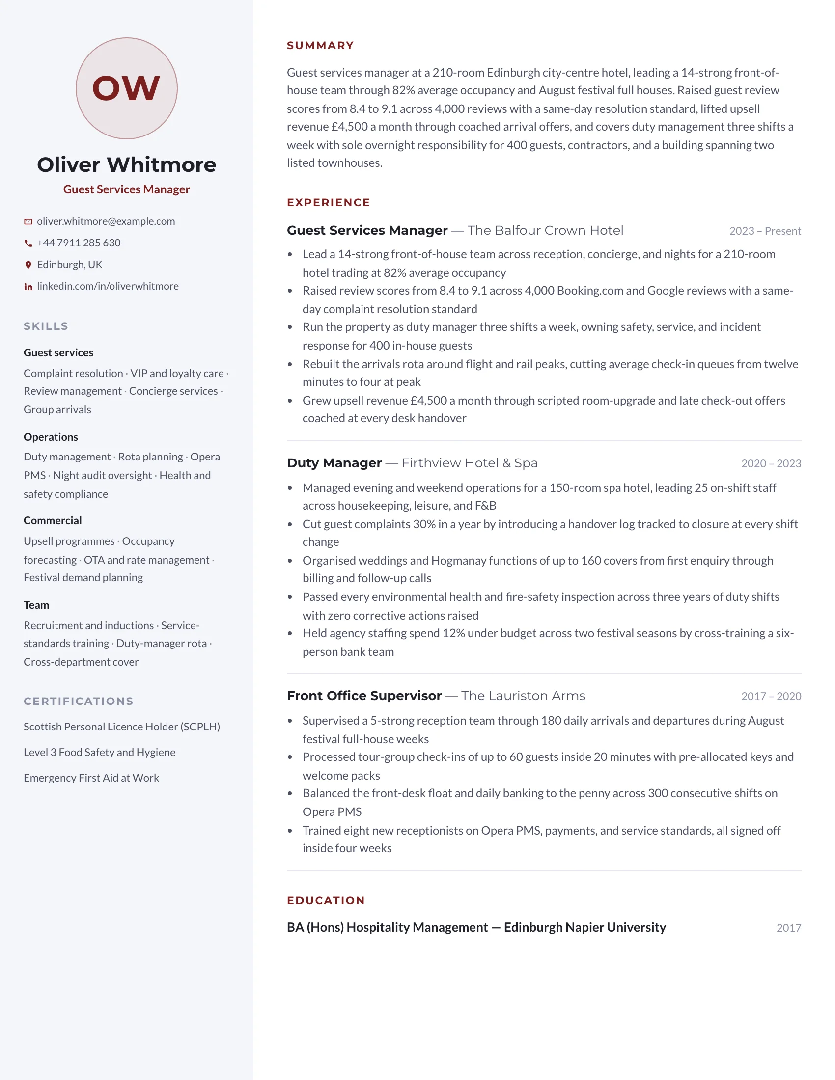 Guest Services Manager · Profile resume template preview