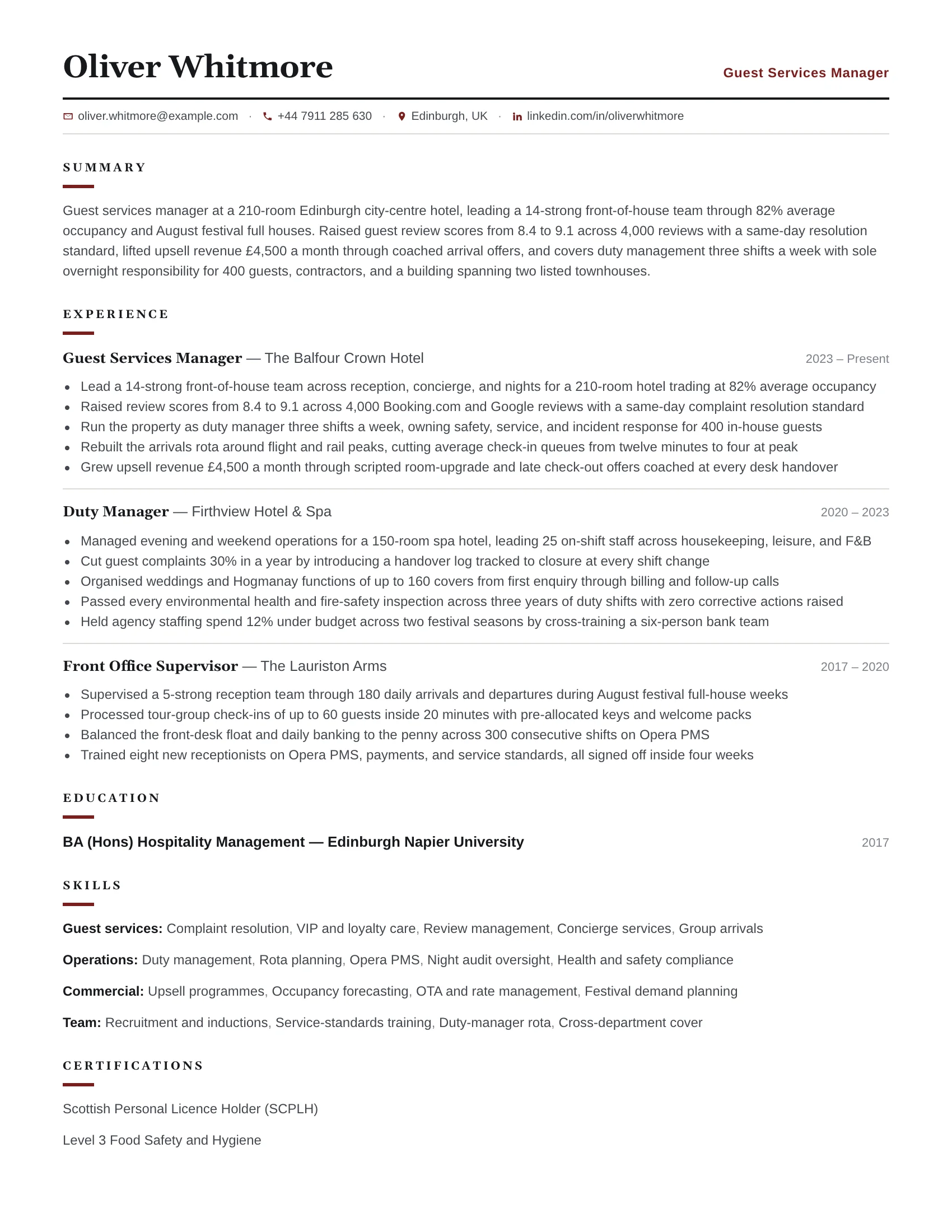 Guest Services Manager · Rowline resume template preview