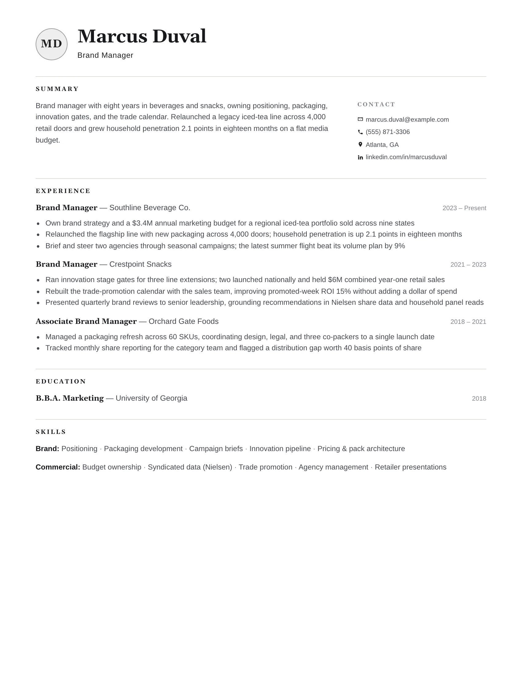 Brand Manager · Hairline resume template preview