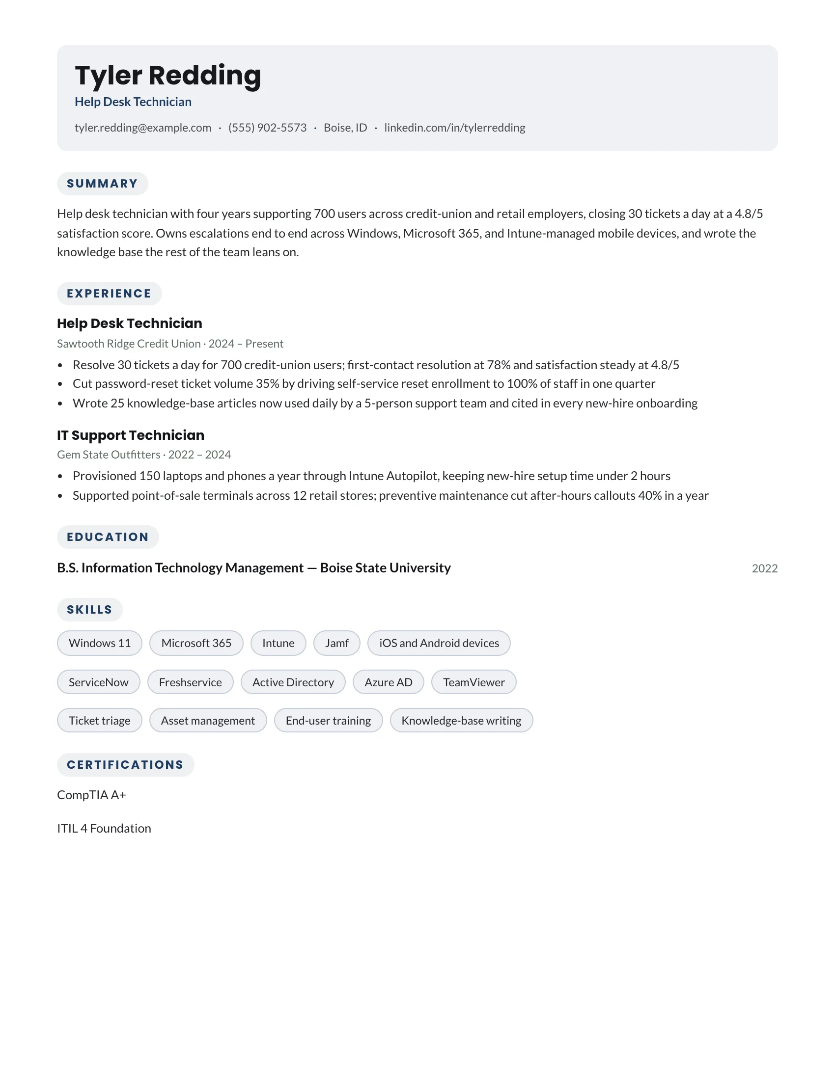 Help Desk Technician · Message resume template preview