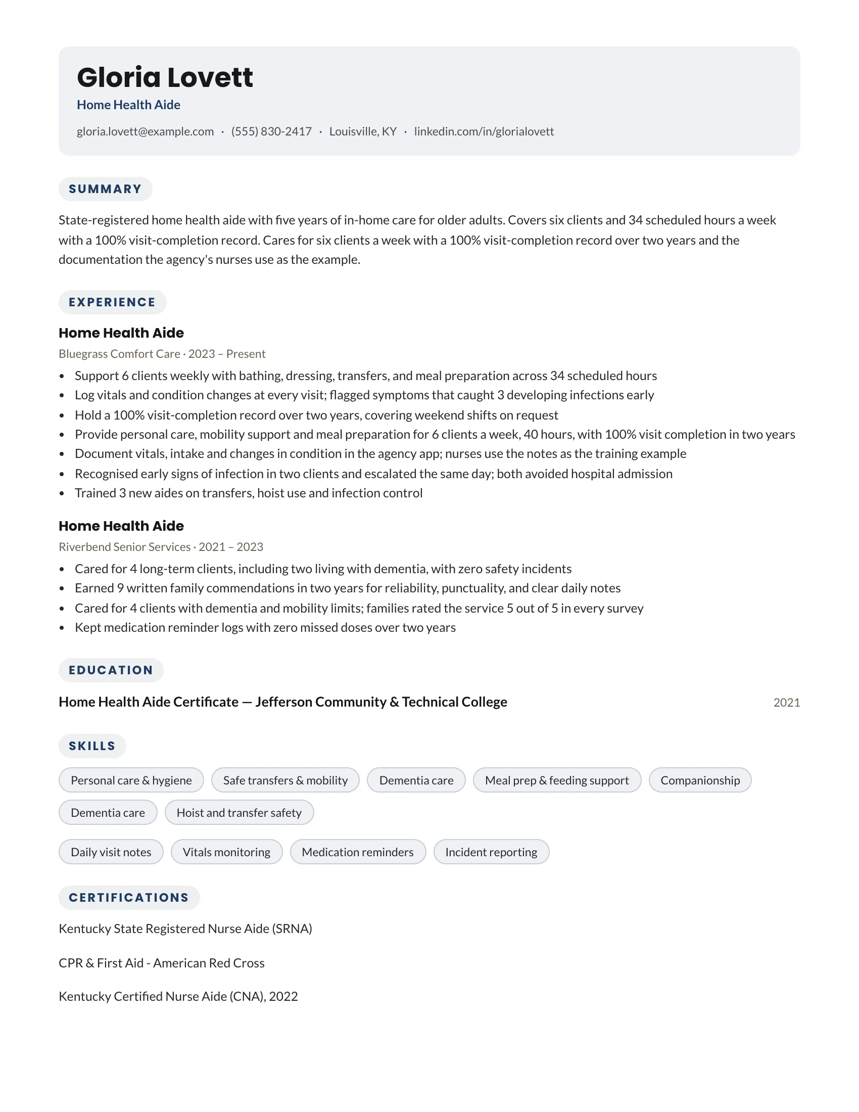 Home Health Aide · Sunny resume template preview
