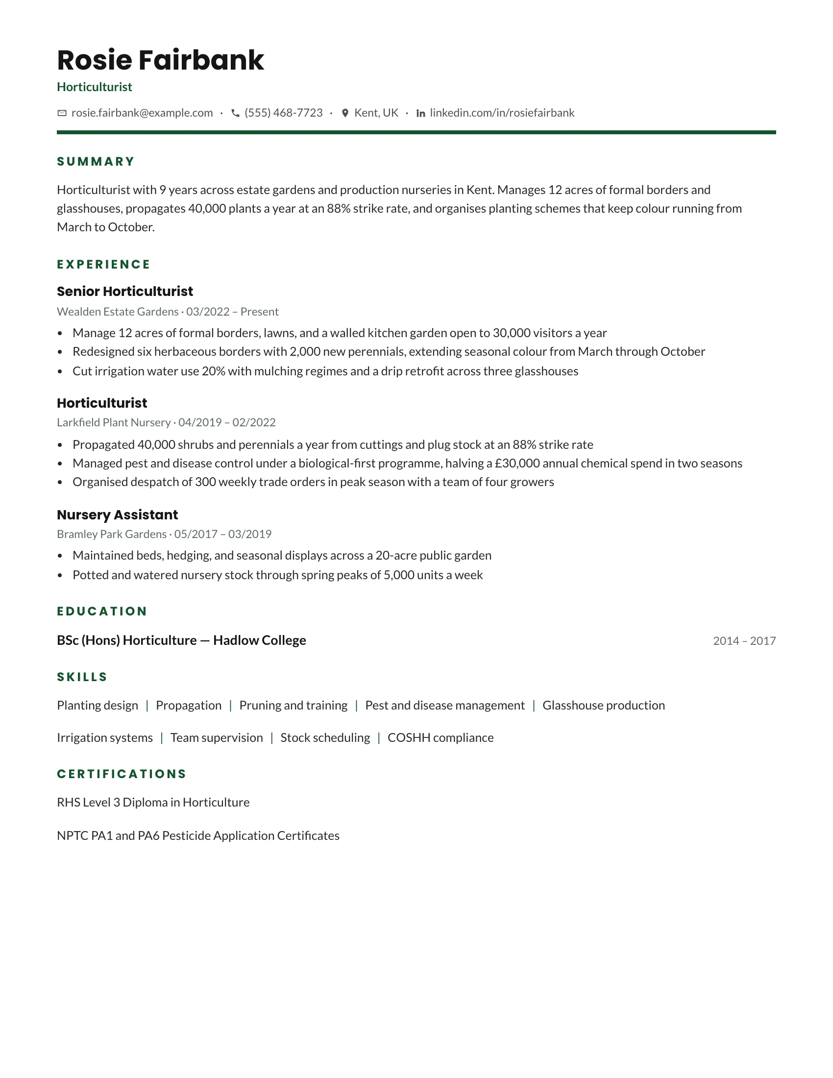 Horticulturist · Bloom resume template preview