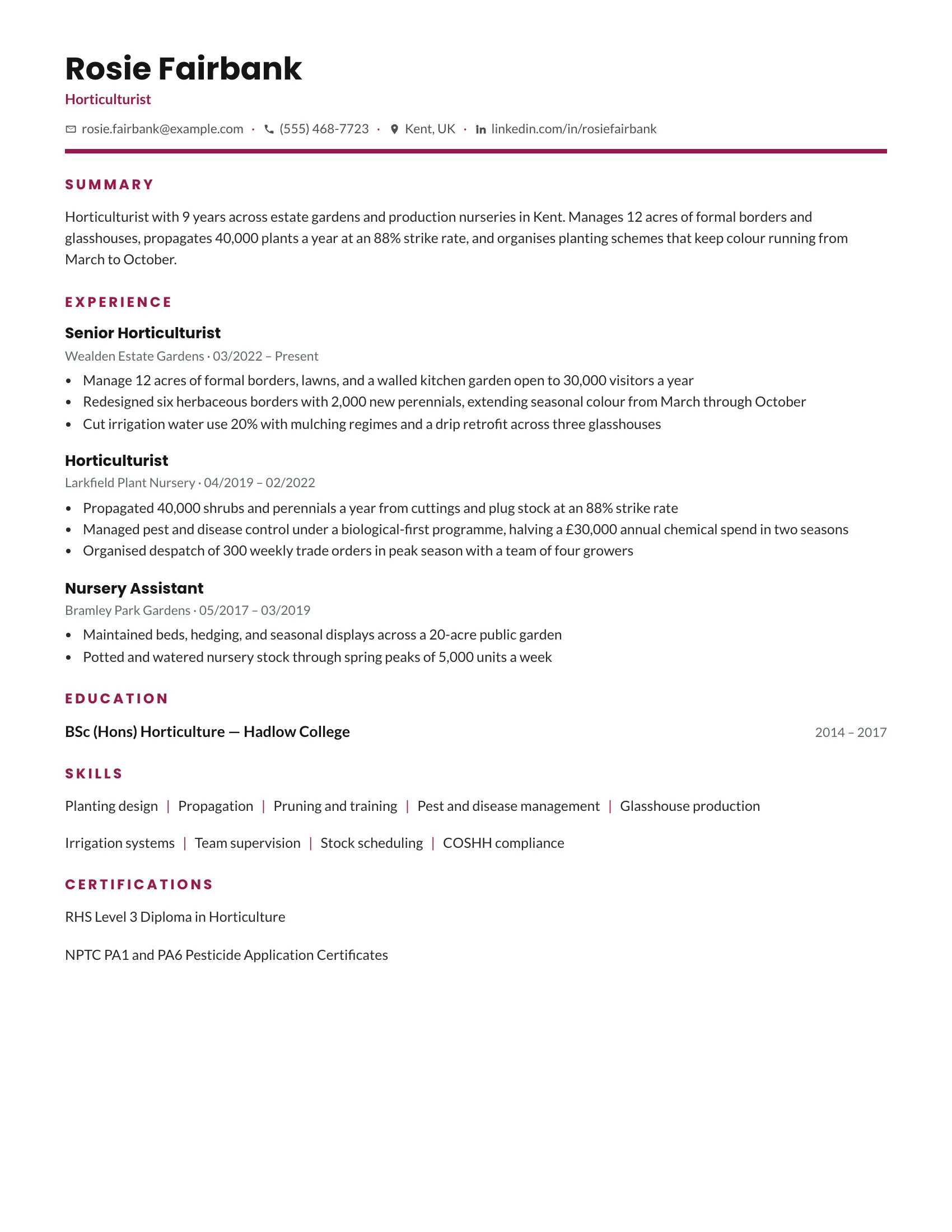 Horticulturist · Bloom (Rose) resume template preview