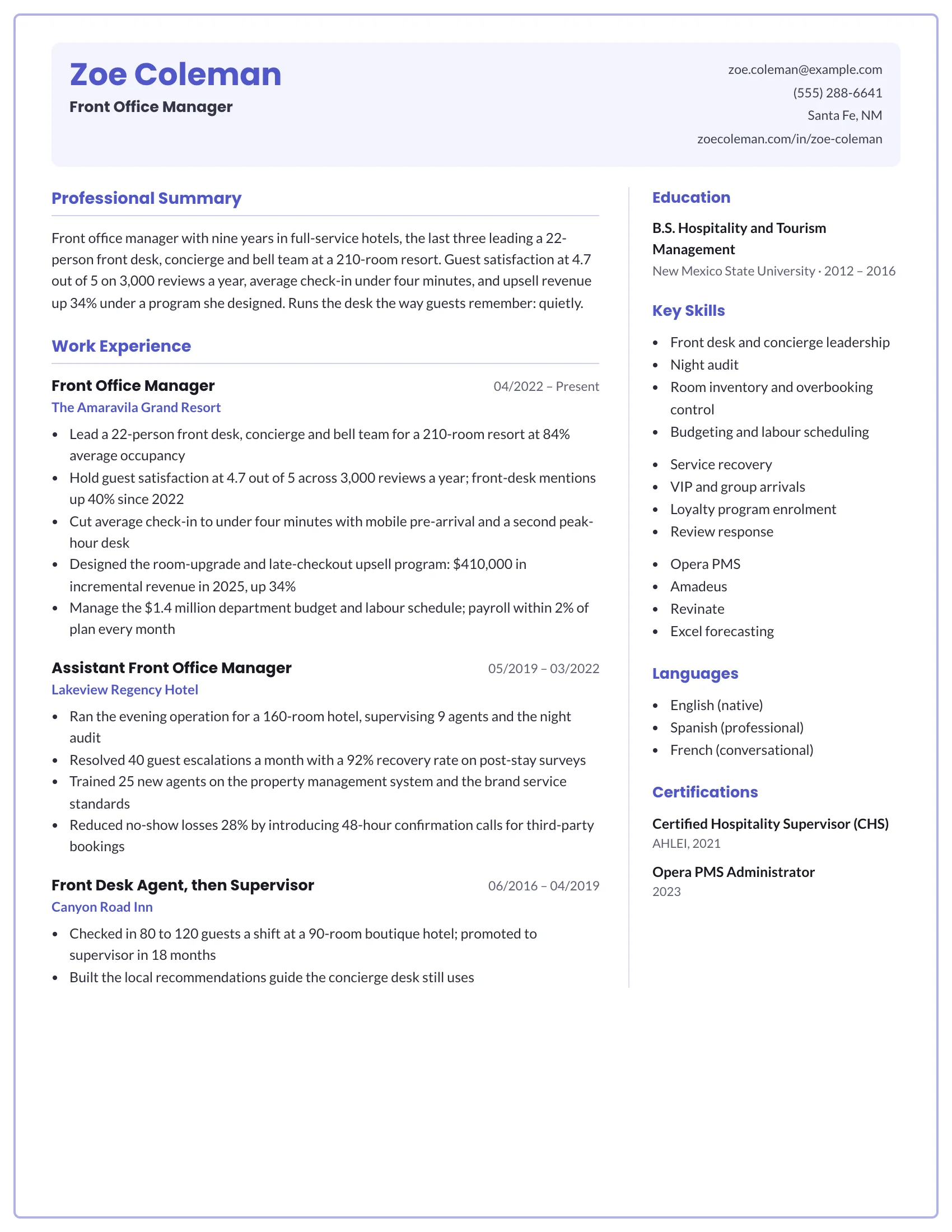Front Office · Indigo resume template preview