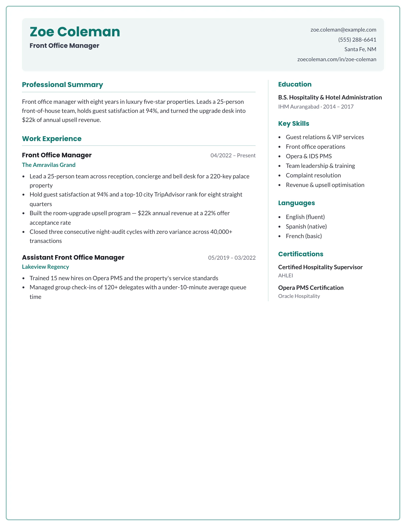 Front Office · Indigo (Teal) resume template preview