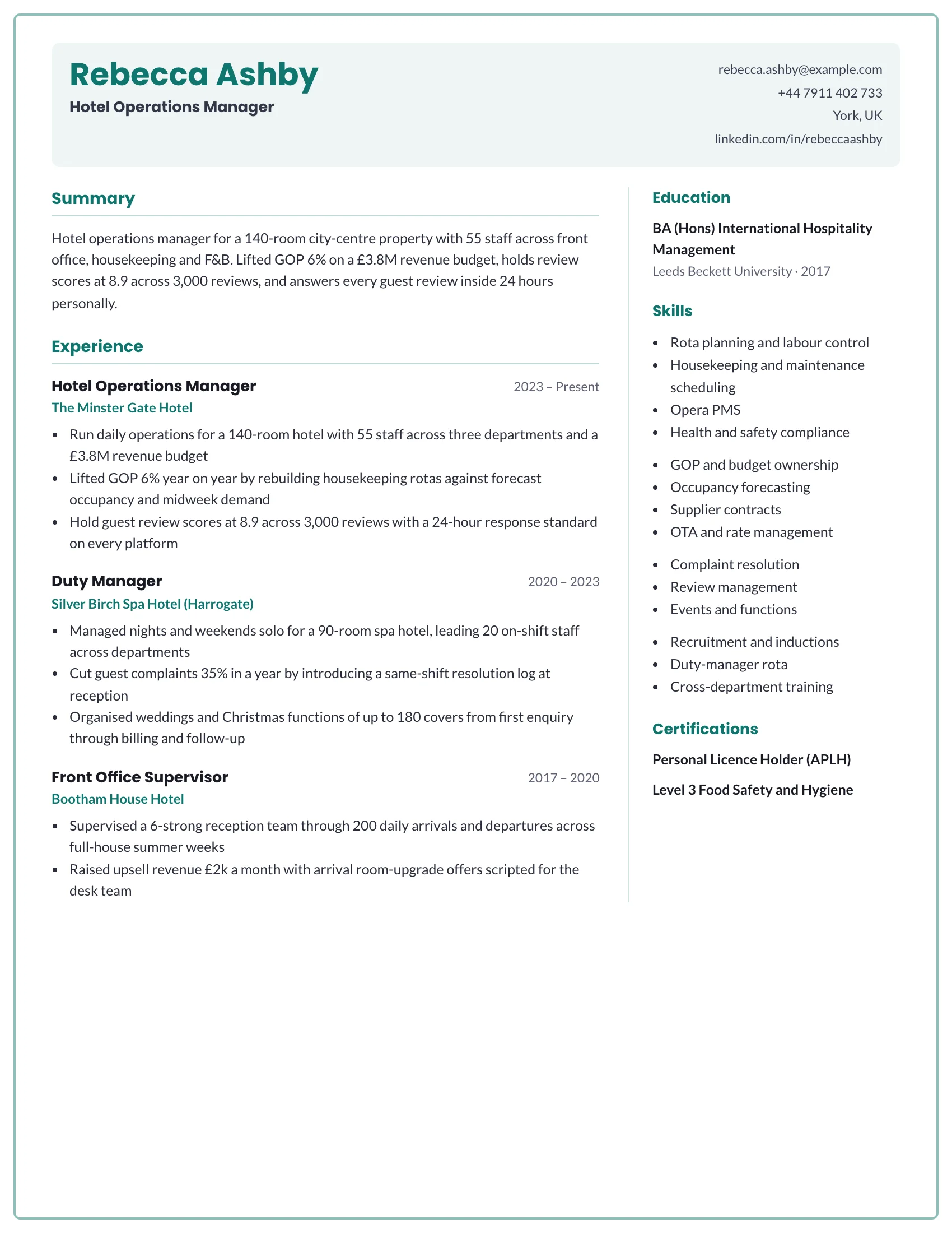 Hotel Operations Manager · Indigo resume template preview