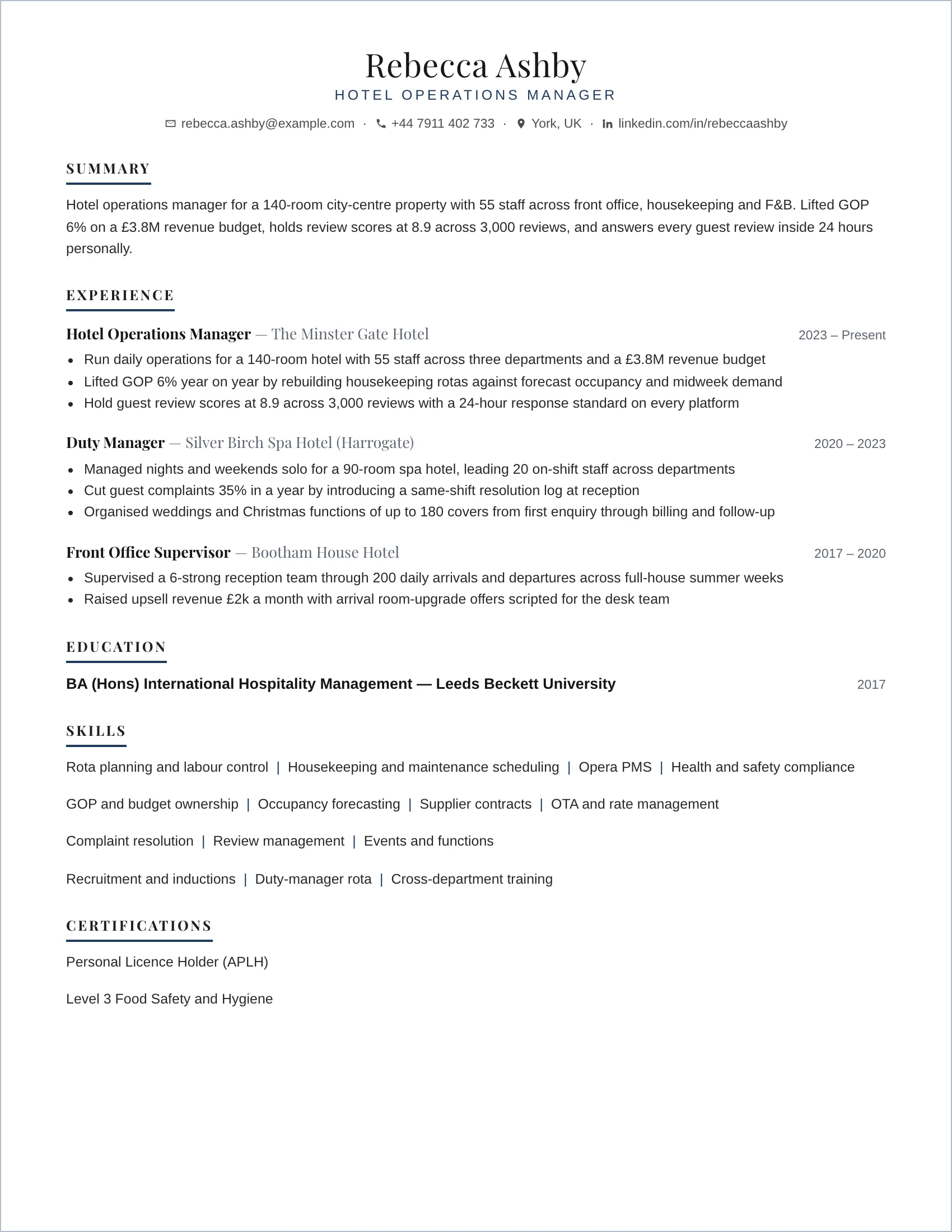 Hotel Operations Manager · Europe resume template preview