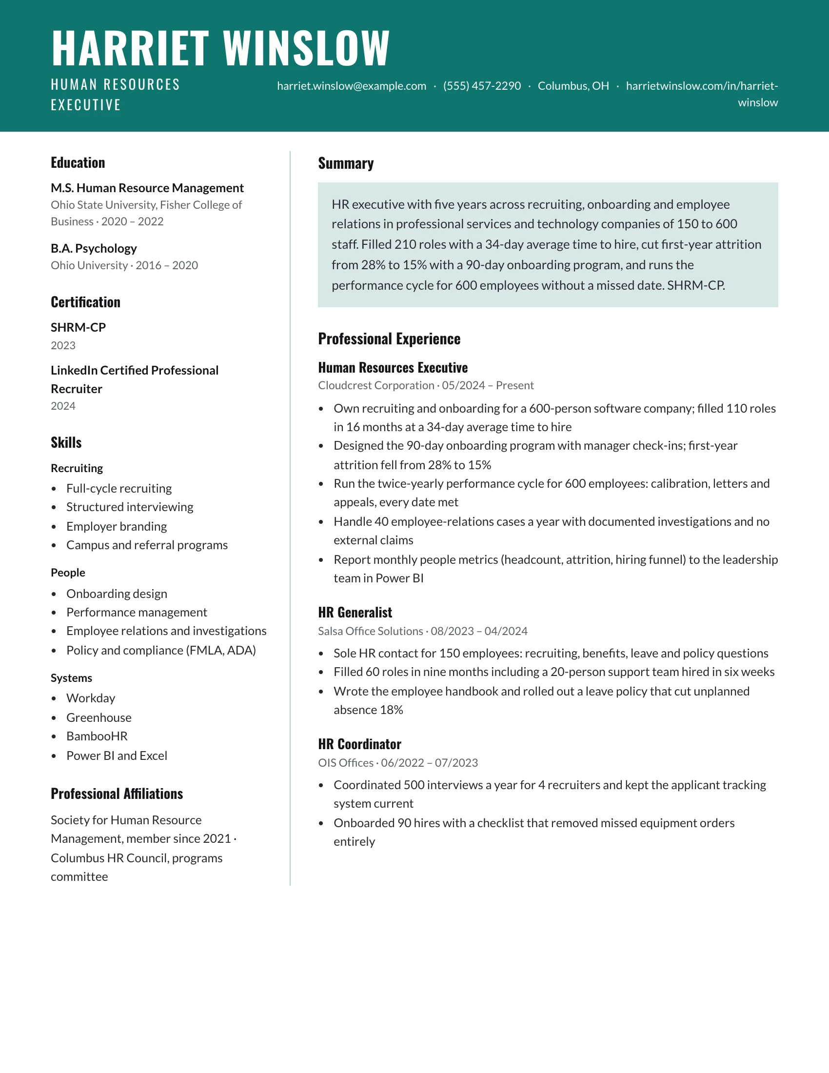 HR Executive · Band (Teal) resume template preview