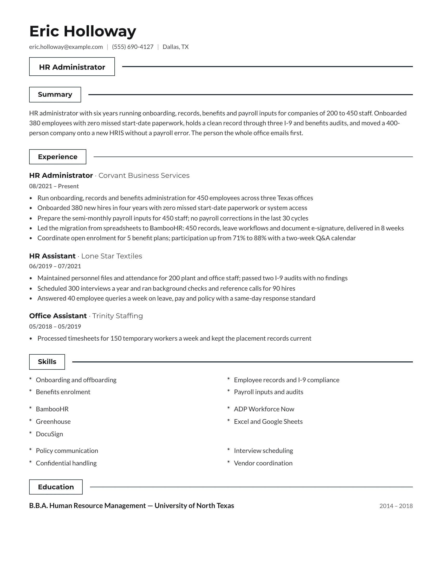 HR Admin · Boxes resume template preview