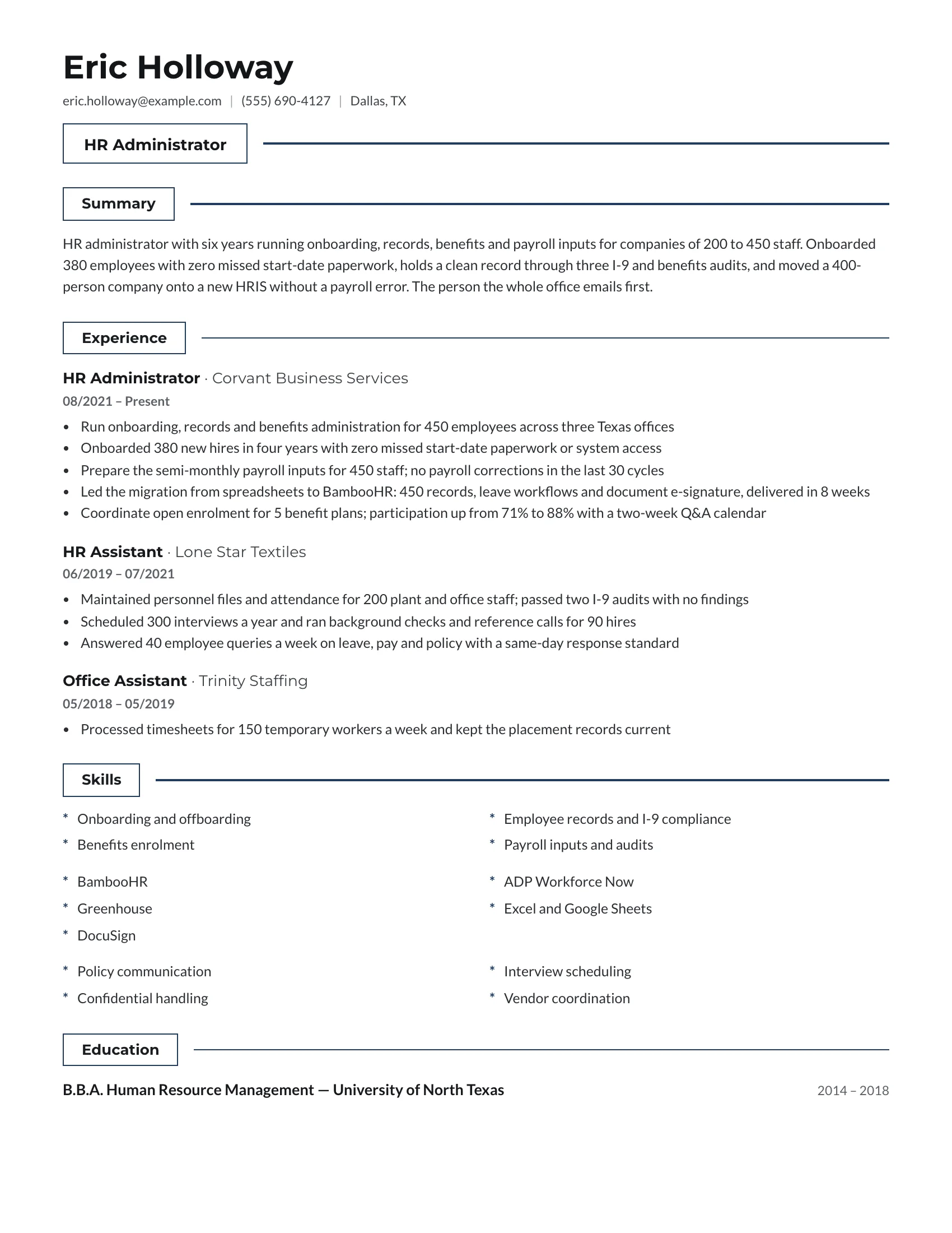 HR Admin · Boxes (Navy) resume template preview