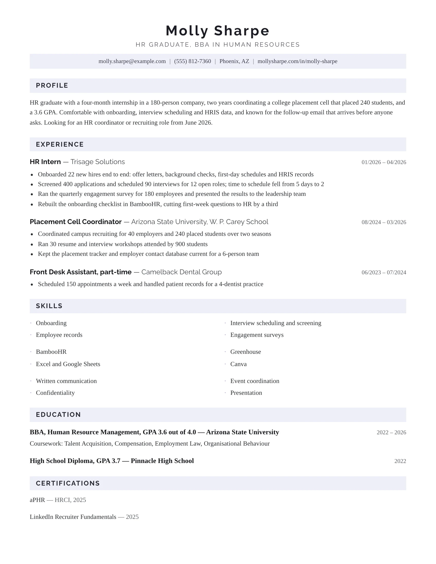 New Grad HR · Lavender resume template preview
