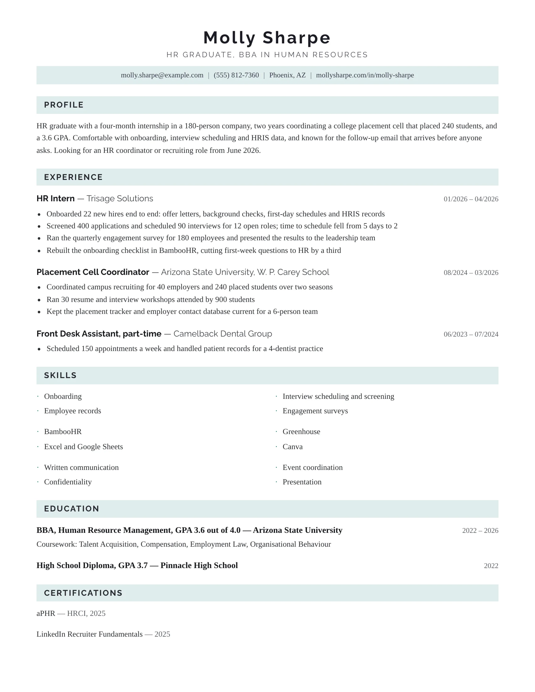 New Grad HR · Lavender (Teal) resume template preview