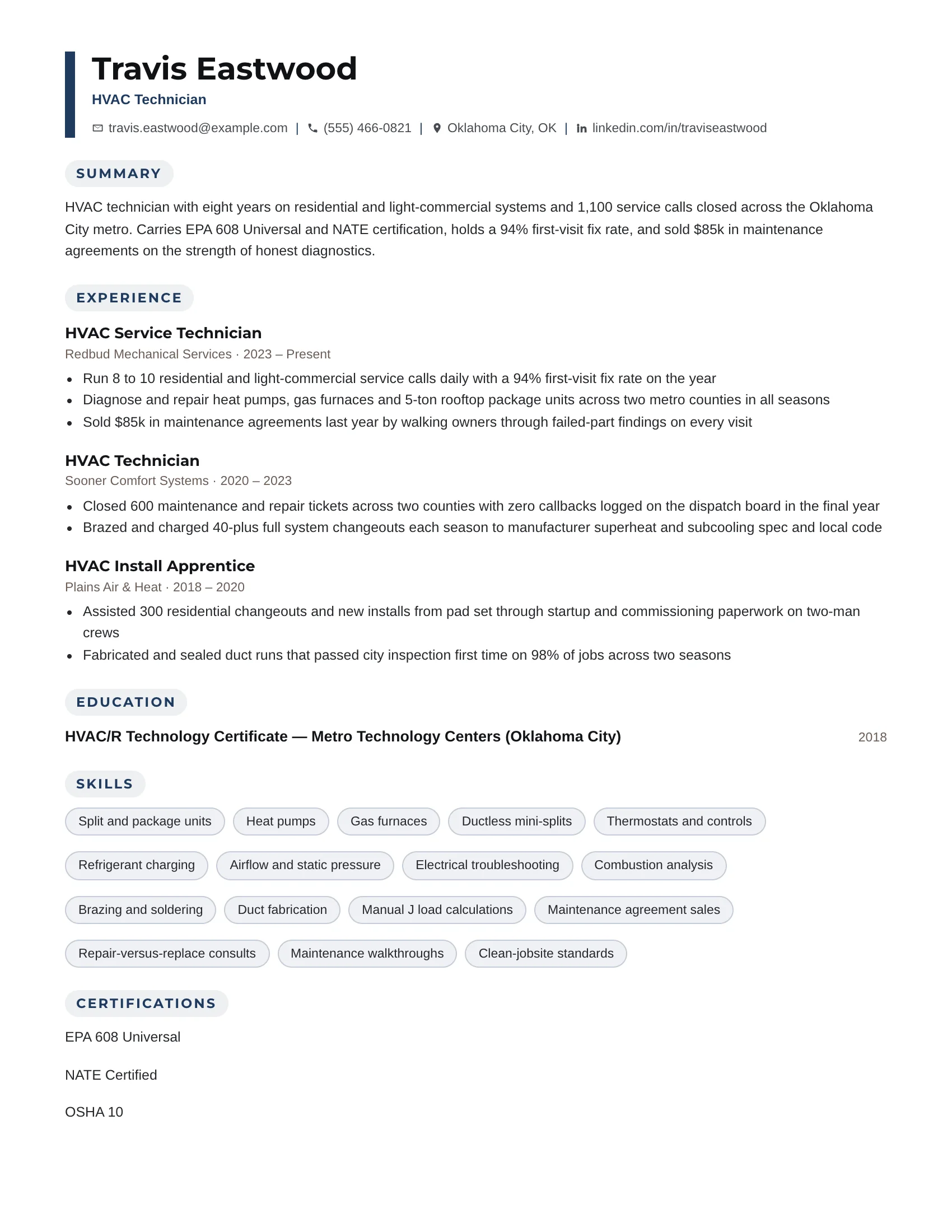 HVAC Technician · Dotts resume template preview