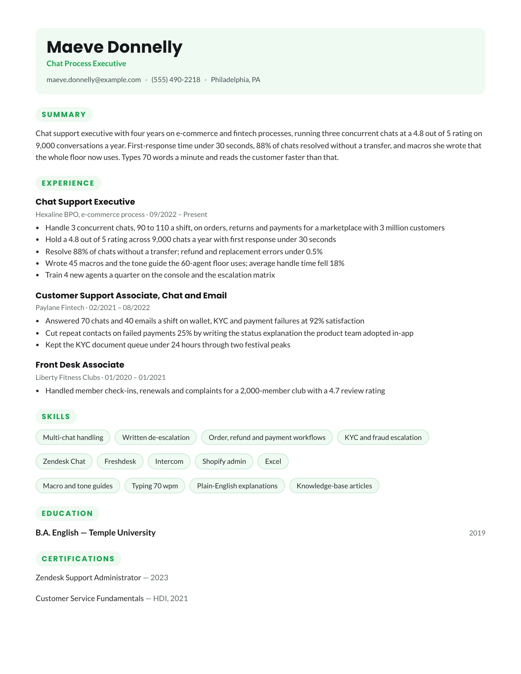 Chat Support · Message resume template preview