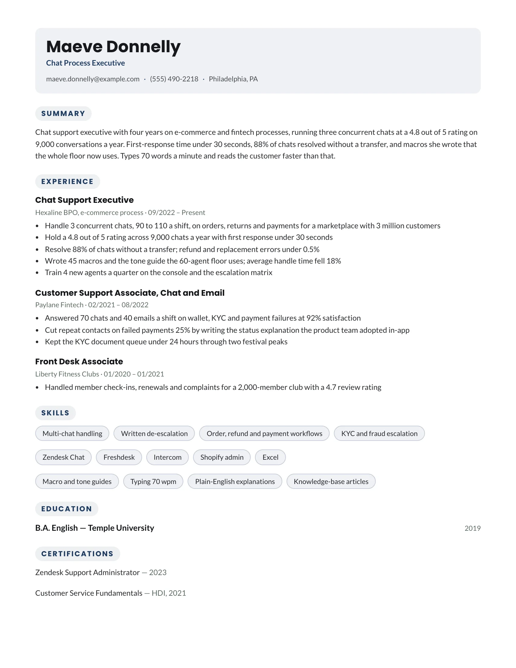 Chat Support · Message (Navy) resume template preview