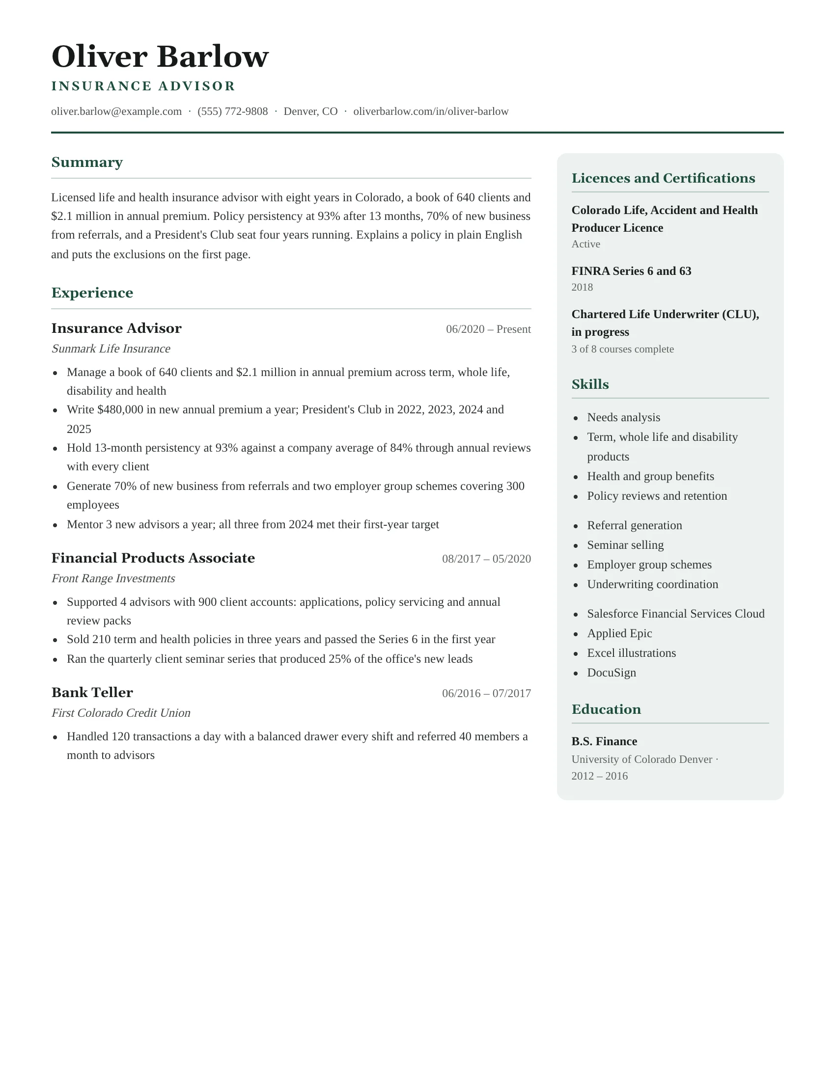 Insurance Advisor · Trust resume template preview