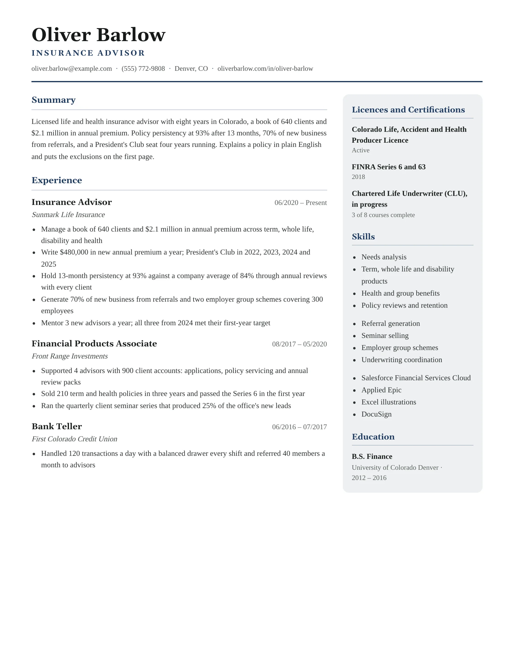 Insurance Advisor · Trust (Navy) resume template preview
