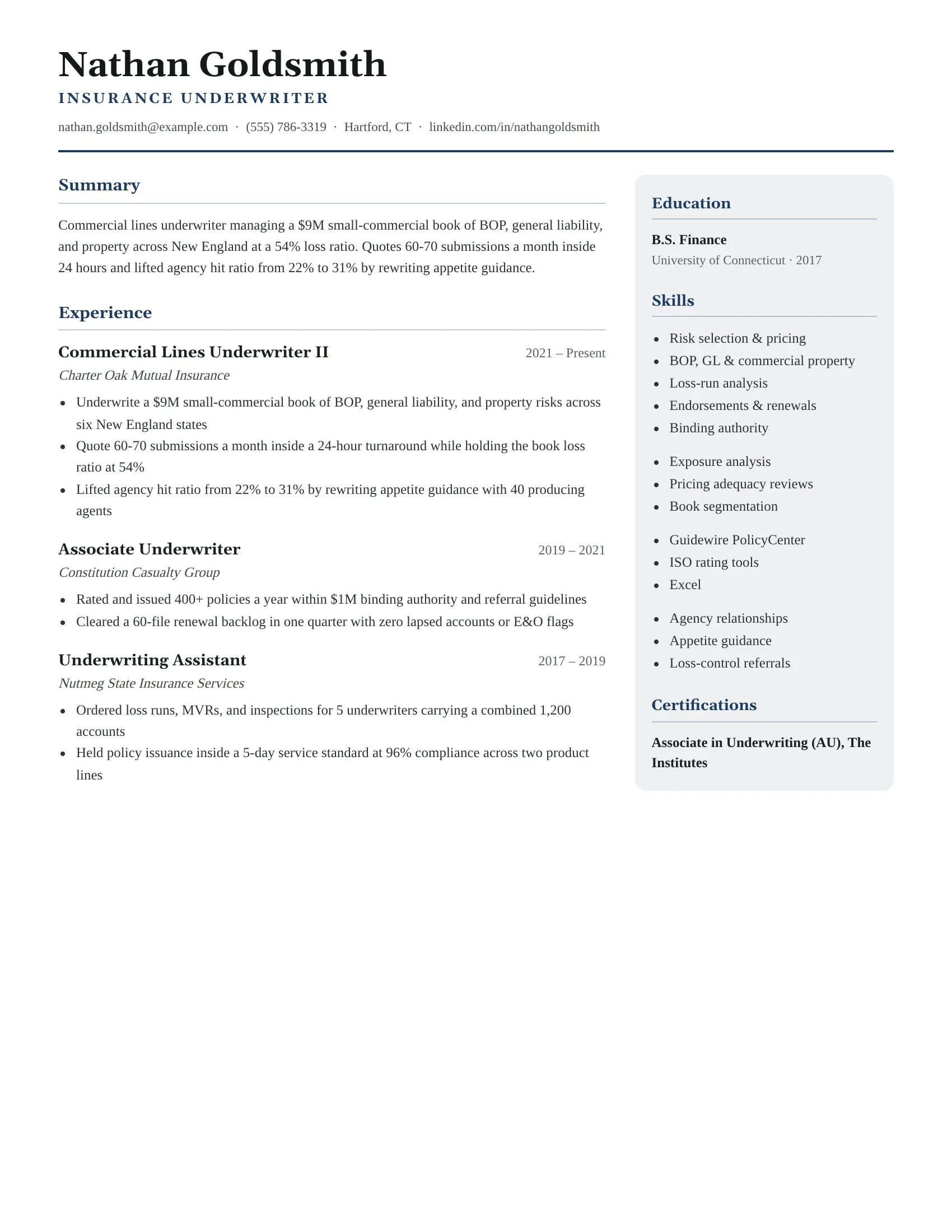 Insurance Underwriter · Trust resume template preview