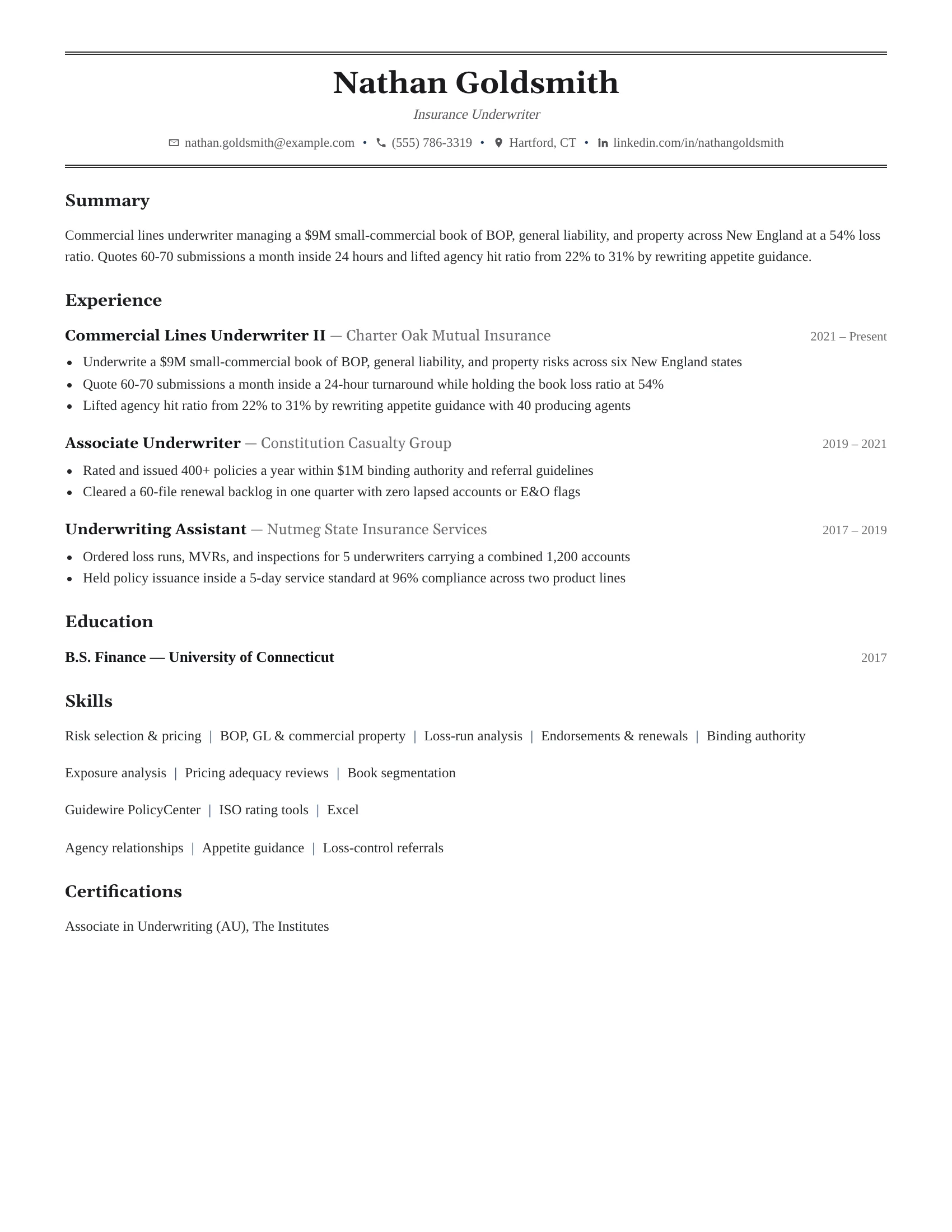 Insurance Underwriter · English resume template preview