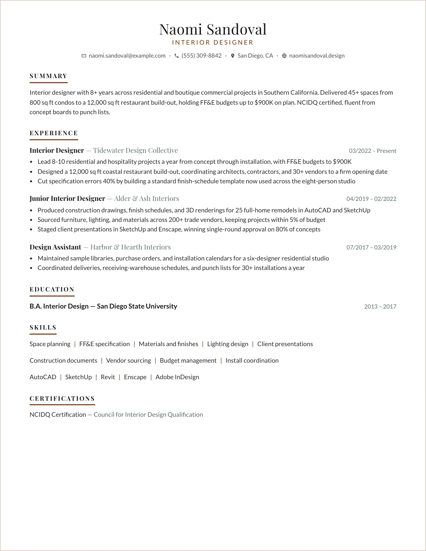 Interior Designer · Swatch resume template preview