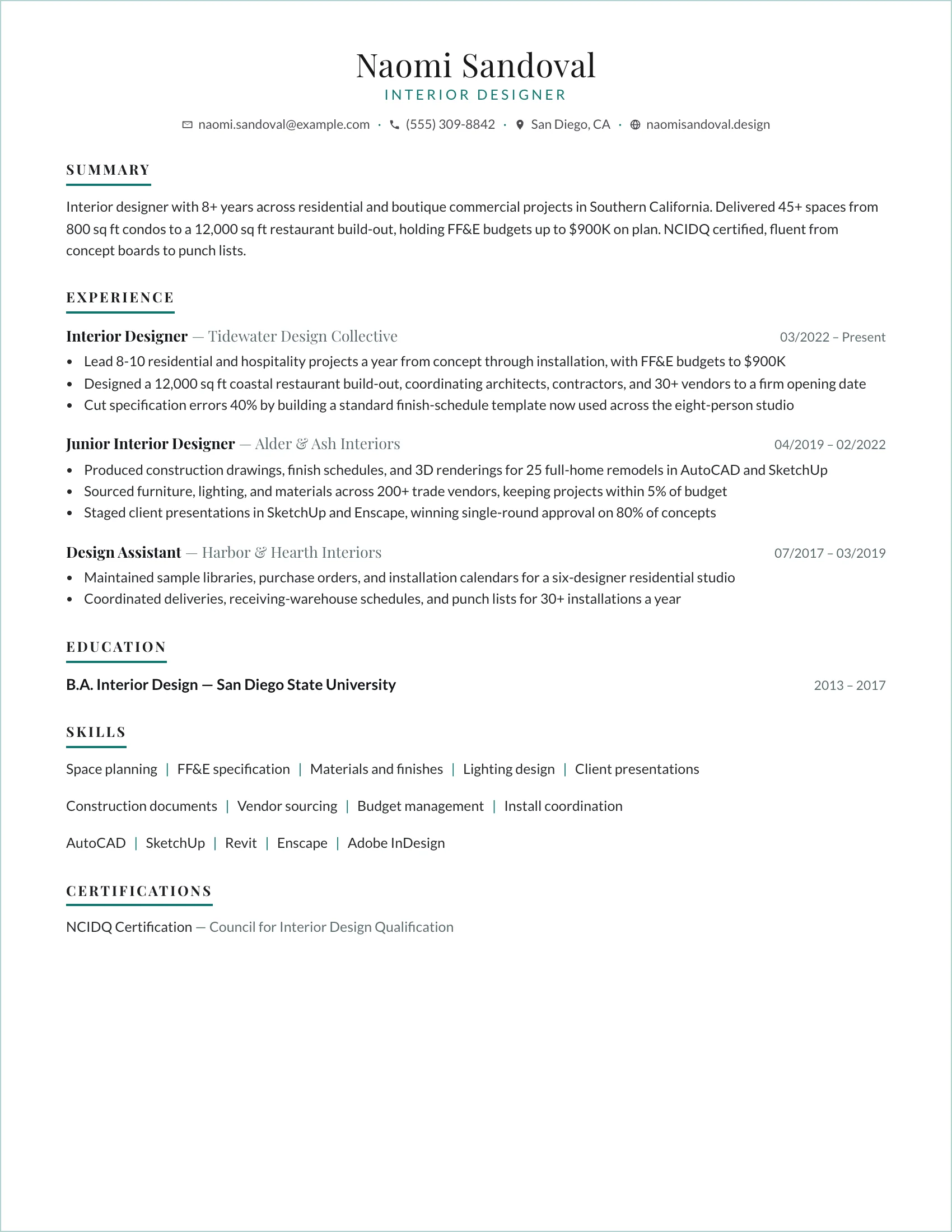 Interior Designer · Swatch (Teal) resume template preview