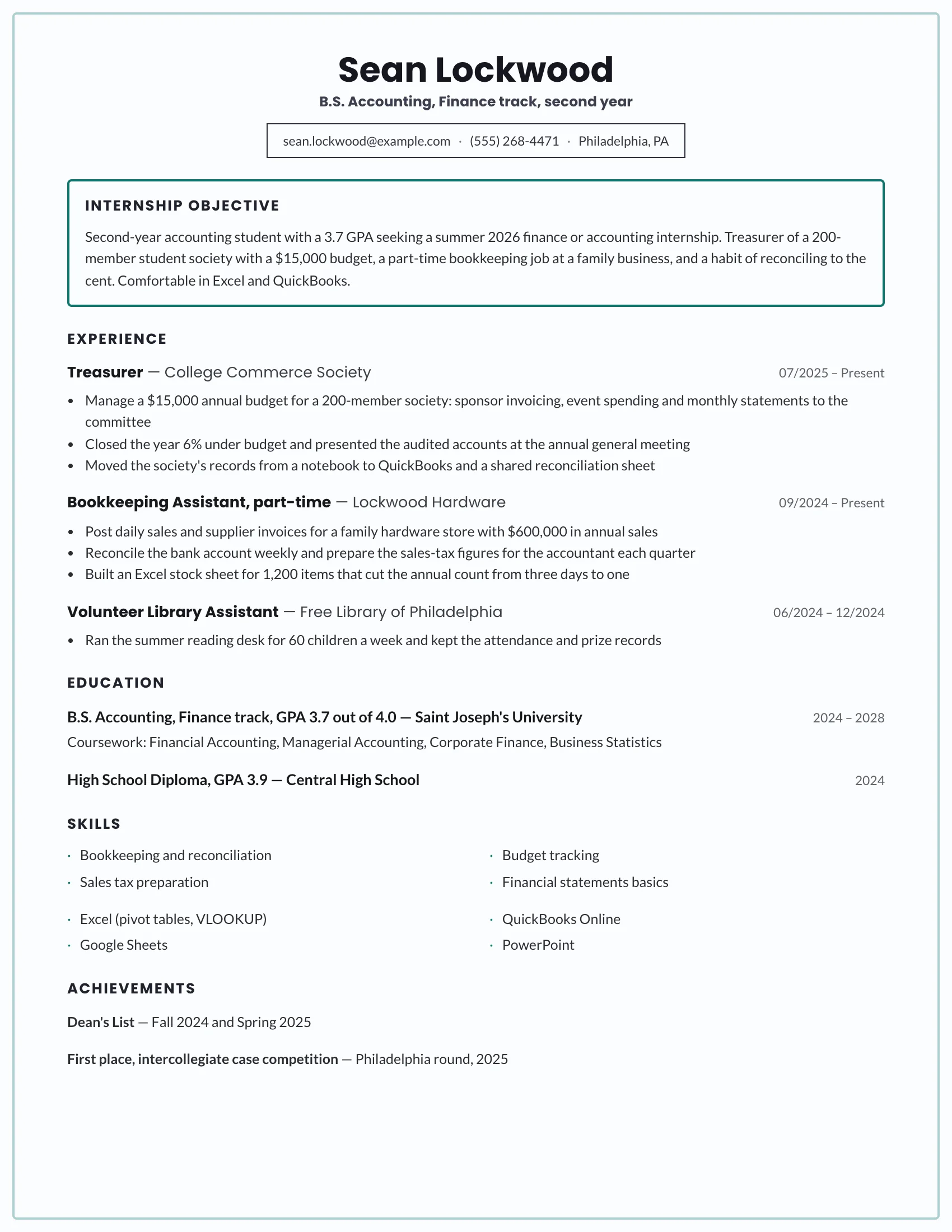 College Student · Objective (Teal) resume template preview