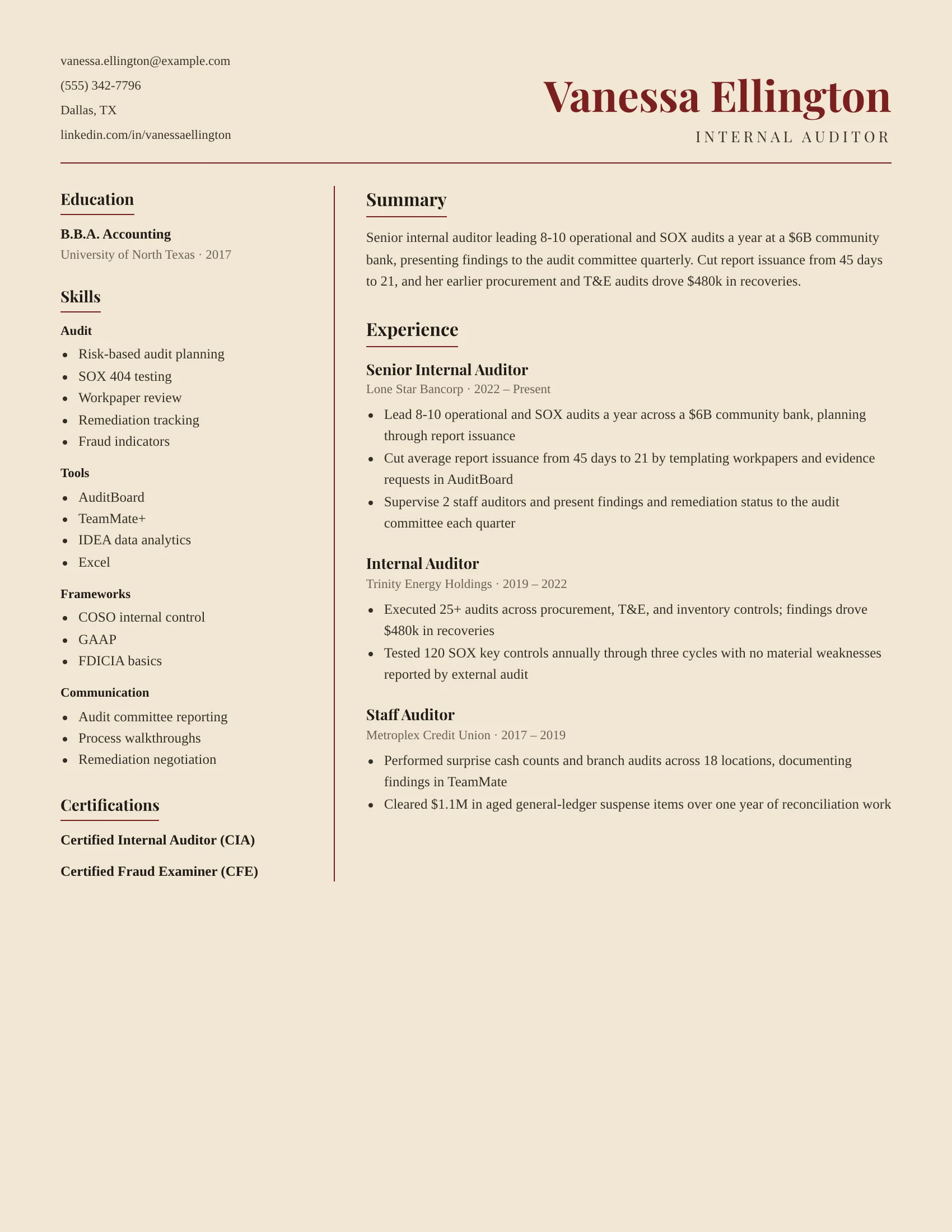 Internal Auditor · Retro resume template preview