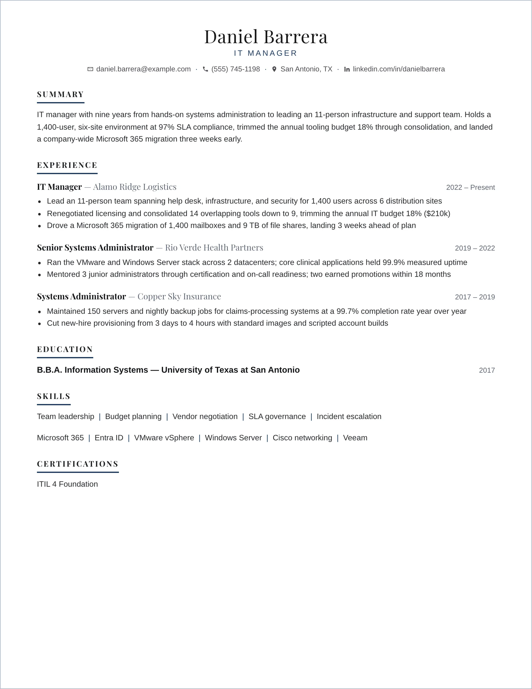 IT Manager · Europe resume template preview