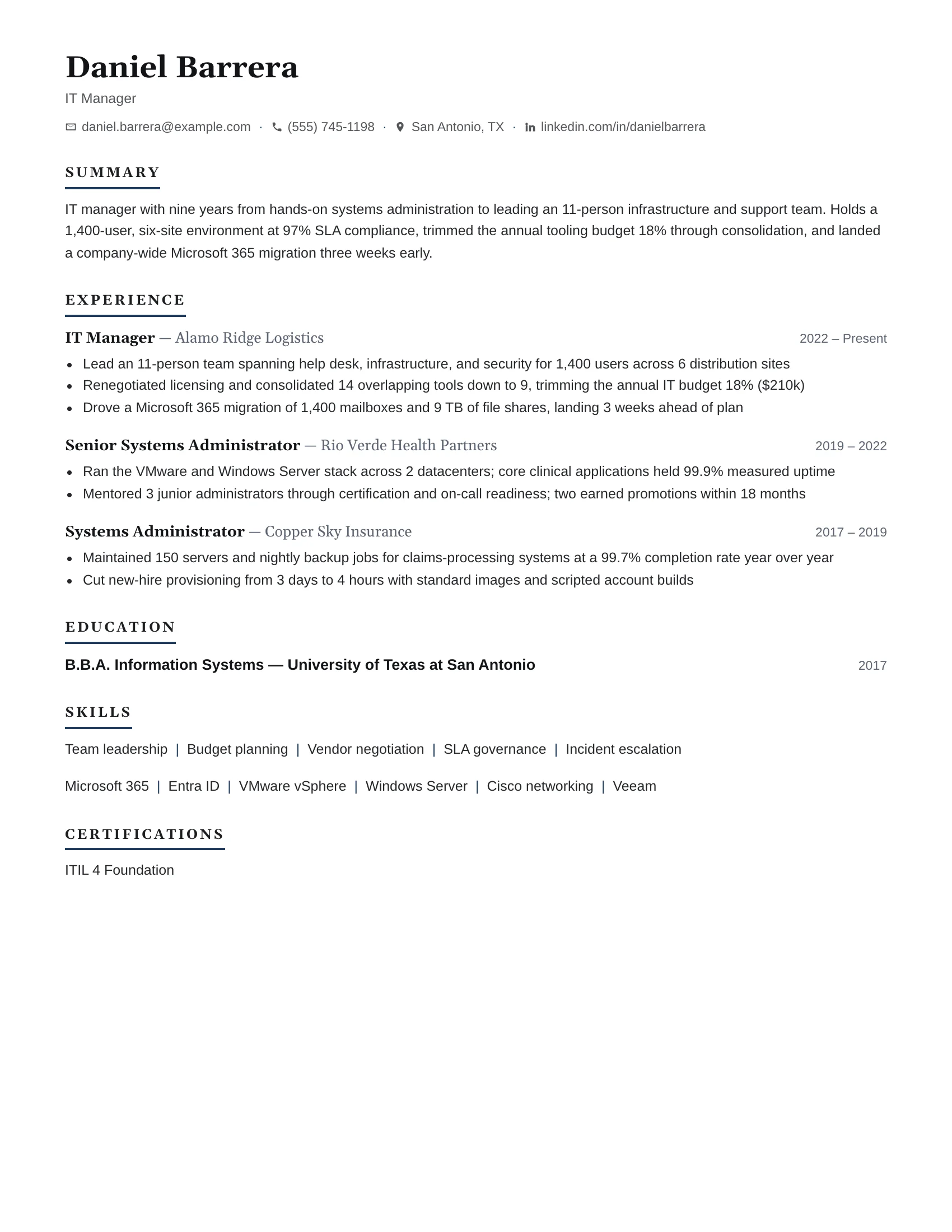 IT Manager · True resume template preview