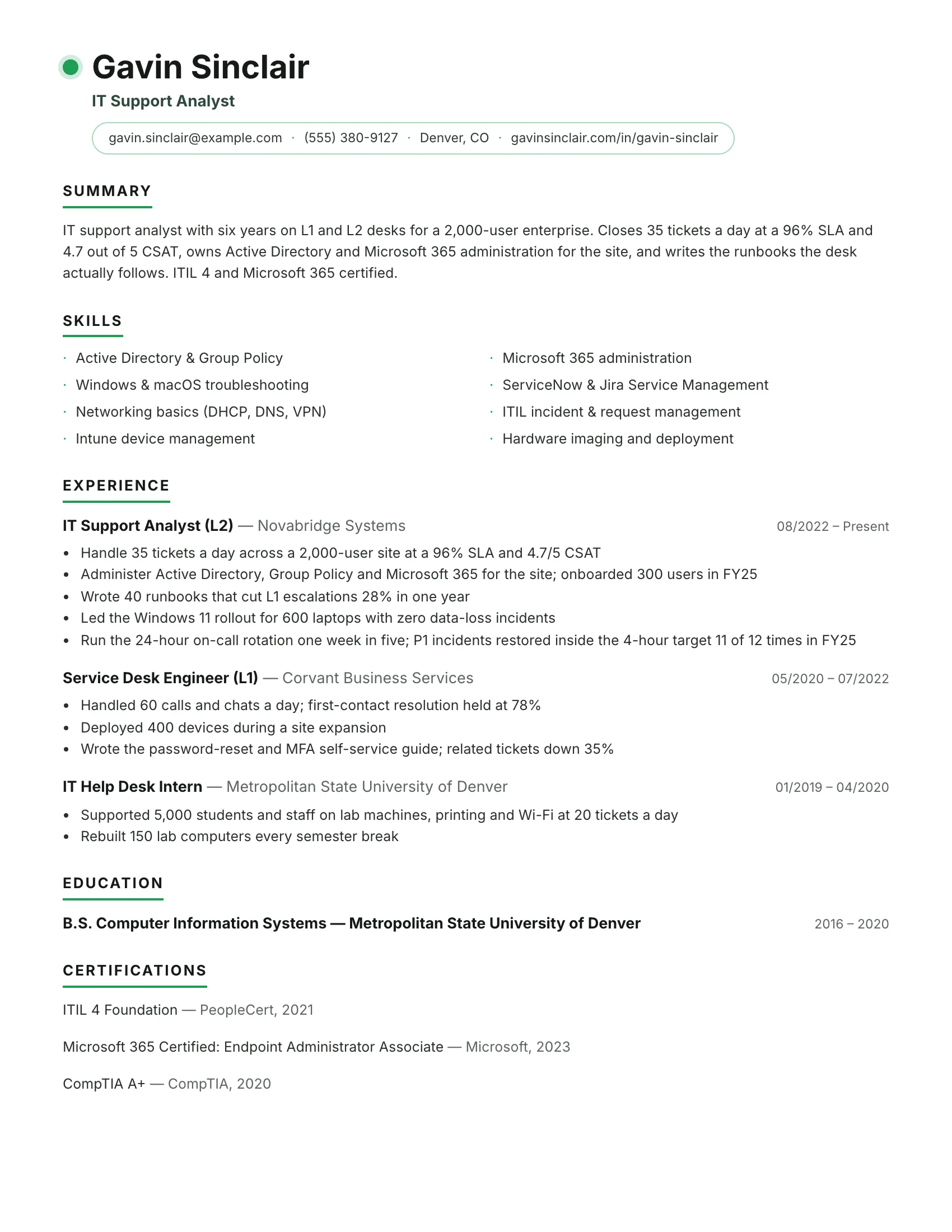 IT Support · Signal resume template preview