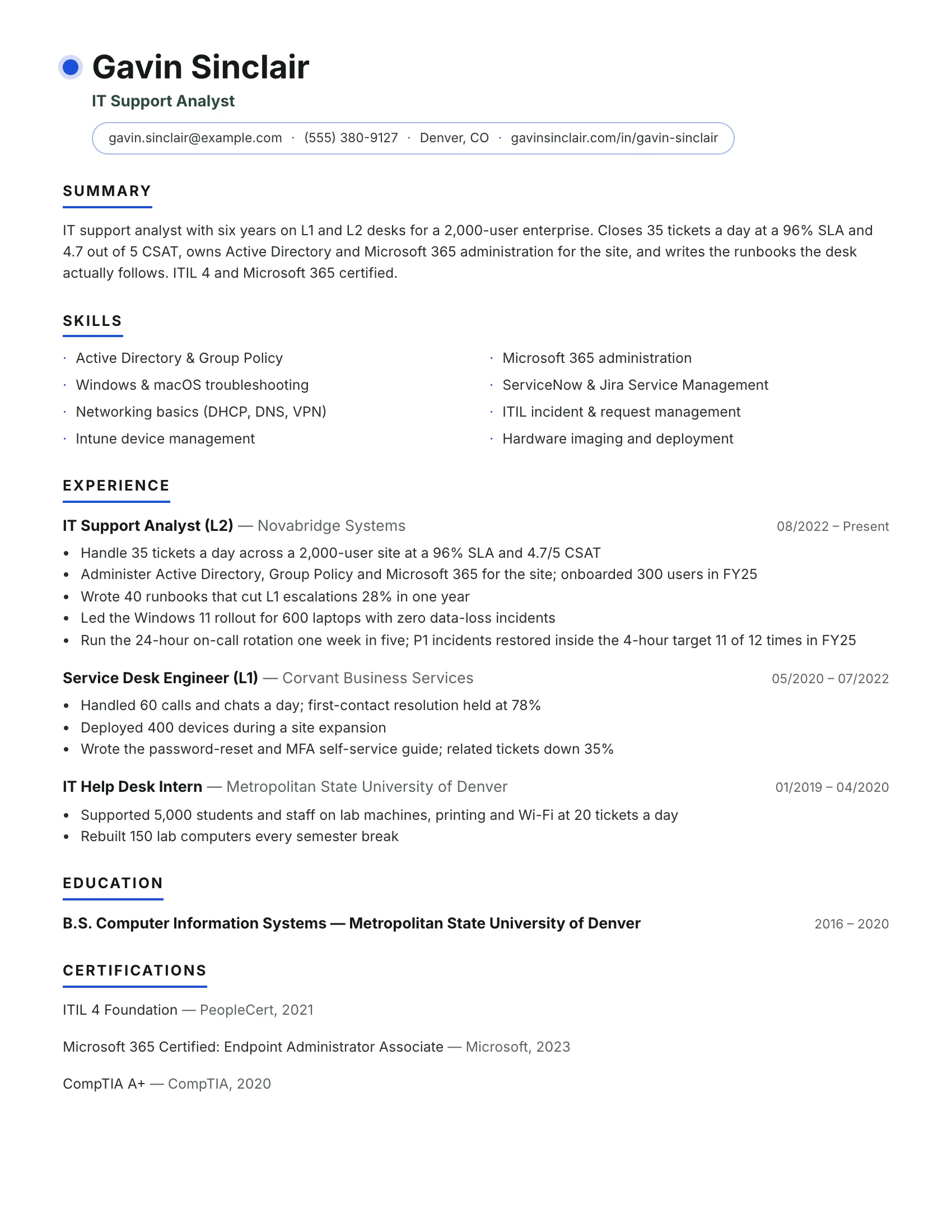 IT Support · Signal (Blue) resume template preview