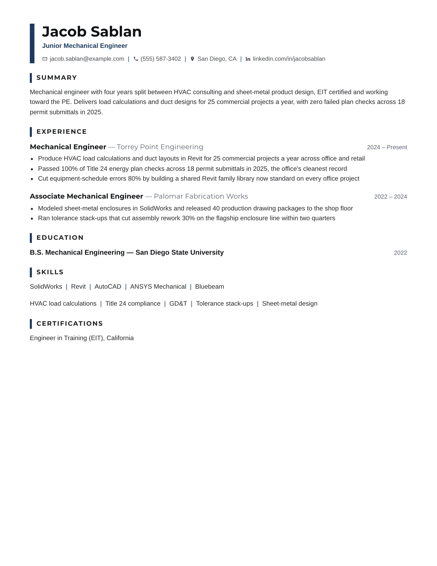 Junior Mechanical Engineer · Compact resume template preview