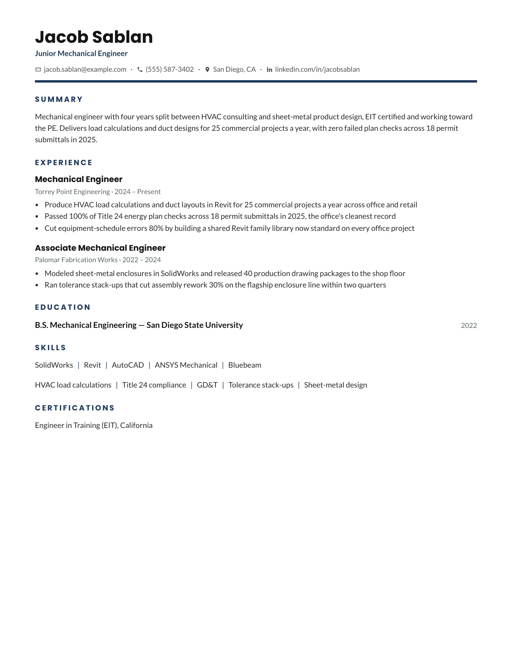 Junior Mechanical Engineer · Greenline resume template preview