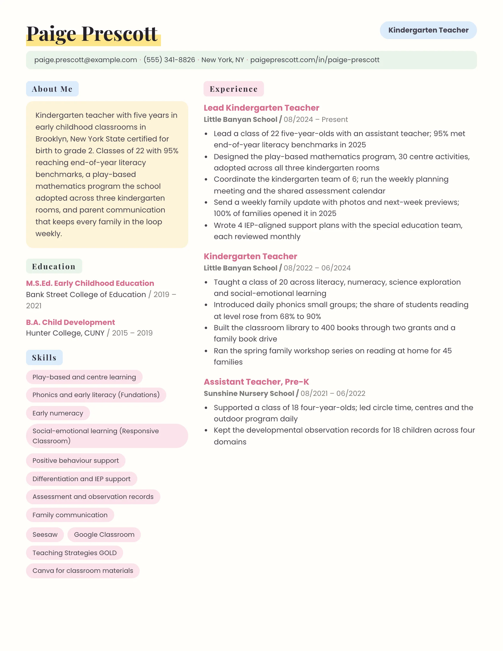 Kindergarten teacher resume example — sample document