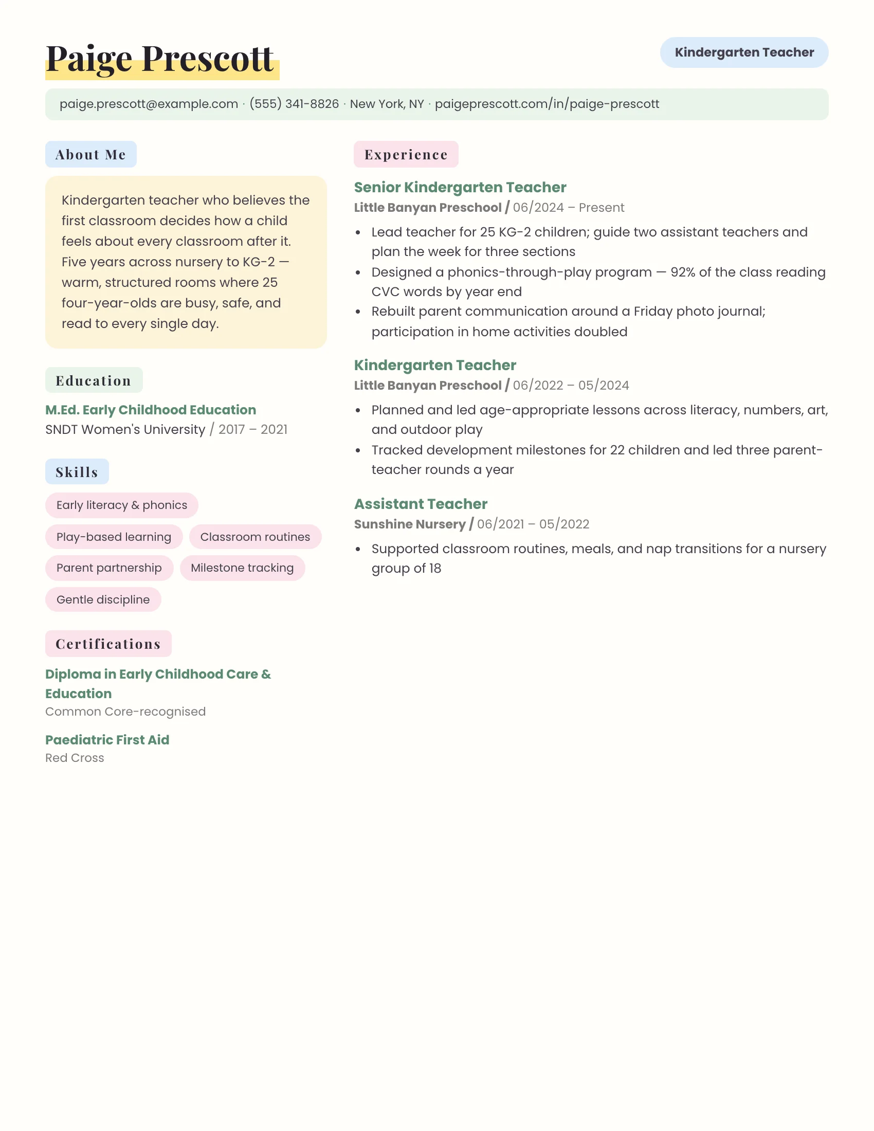 Kindergarten · Soft Pastel (Green) resume template preview