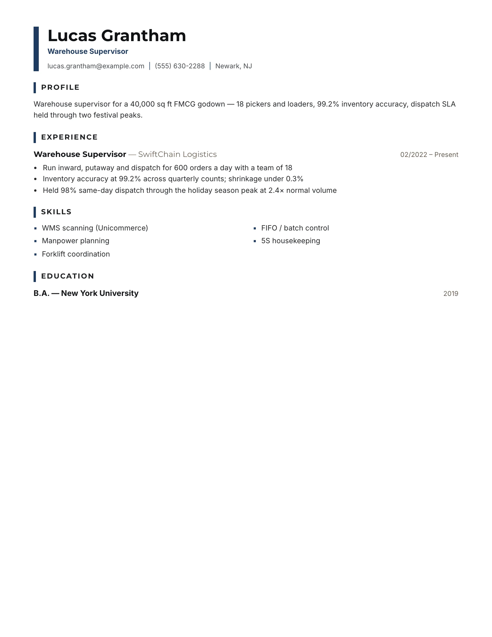 Warehouse · Ladder (Navy) resume template preview